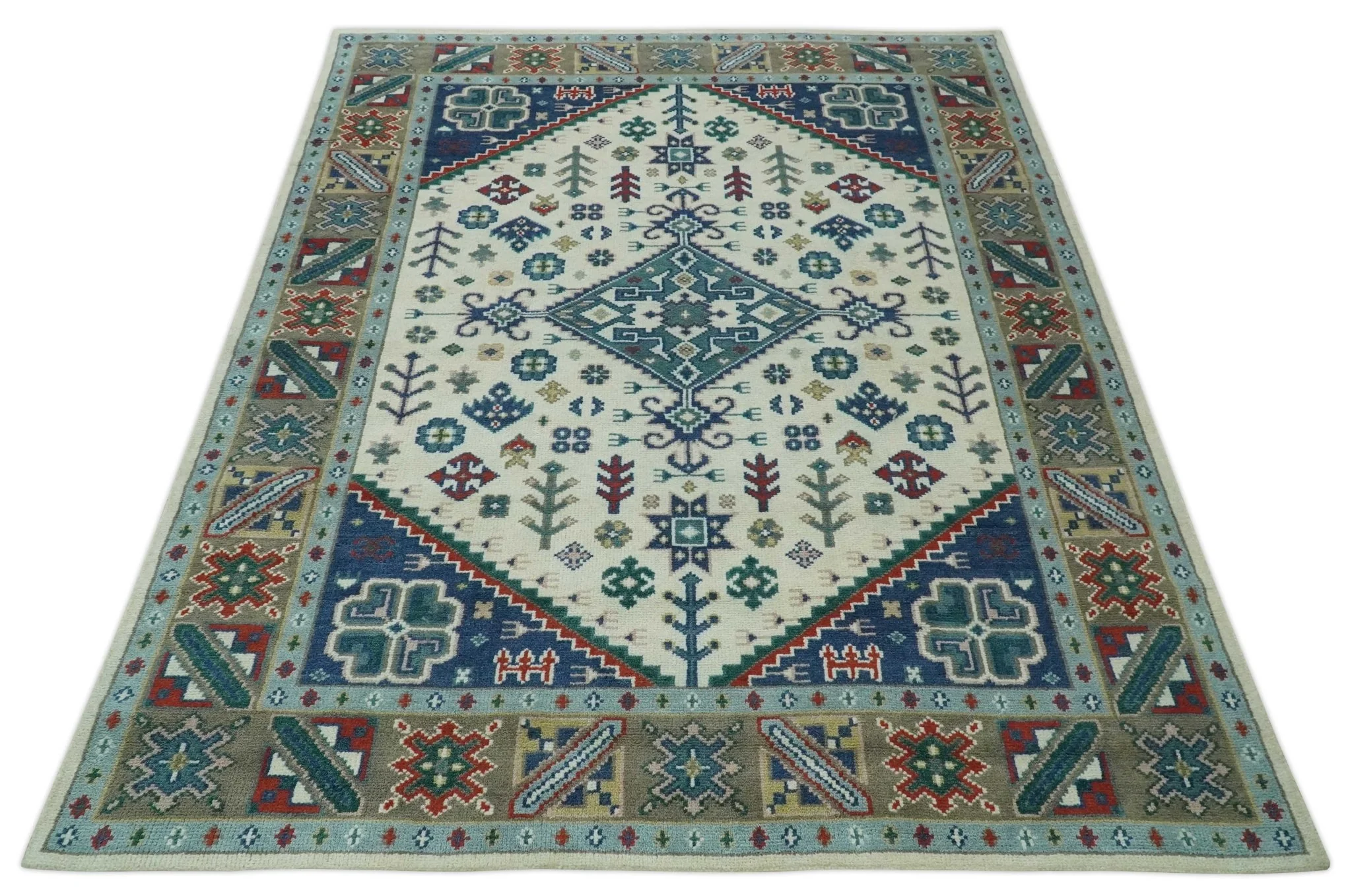 Custom Made Colorful Ivory, Blue, Brown and Teal Hand Knotted Traditional Heriz size wool Area Rug - Image 11