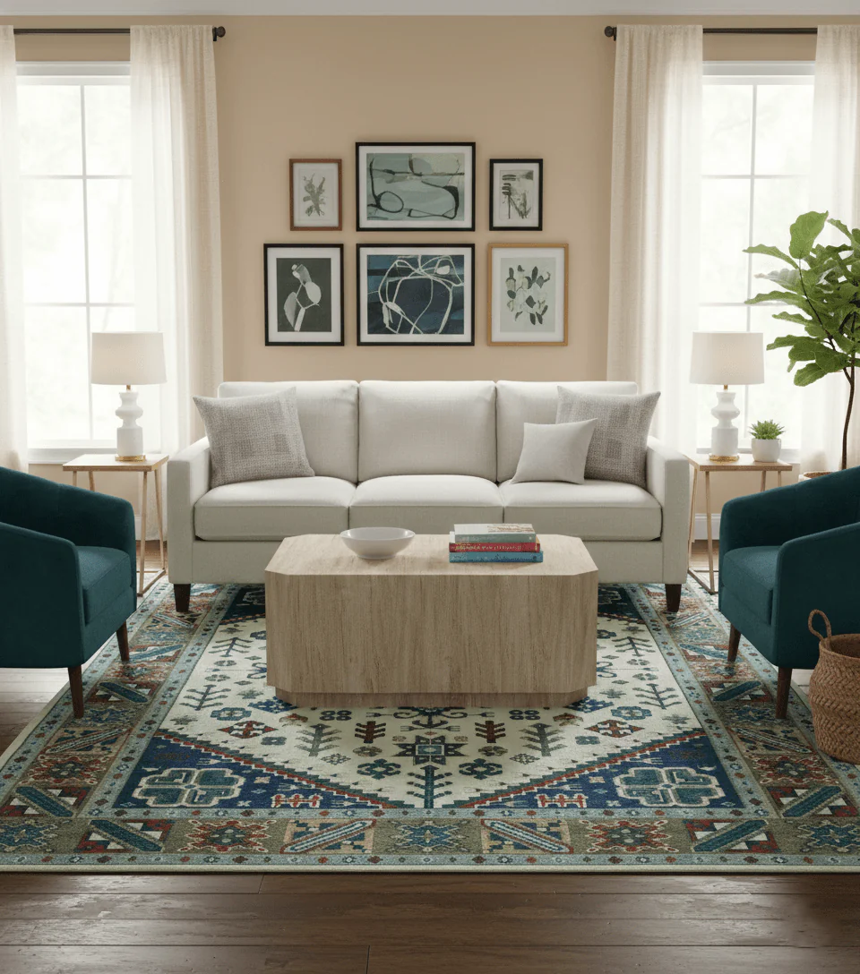 Custom Made Colorful Ivory, Blue, Brown and Teal Hand Knotted Traditional Heriz size wool Area Rug - Image 2