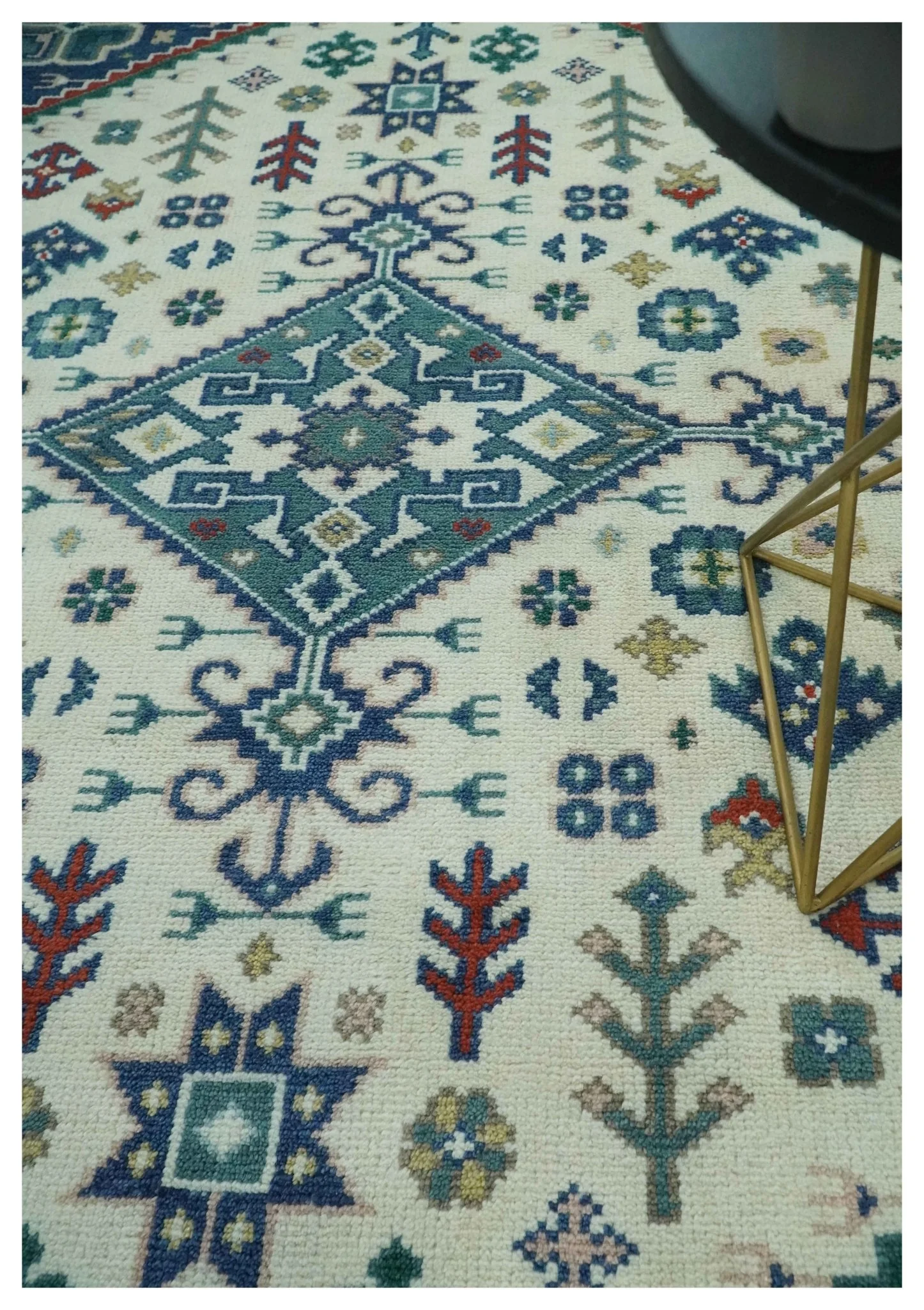 Custom Made Colorful Ivory, Blue, Brown and Teal Hand Knotted Traditional Heriz size wool Area Rug - Image 3