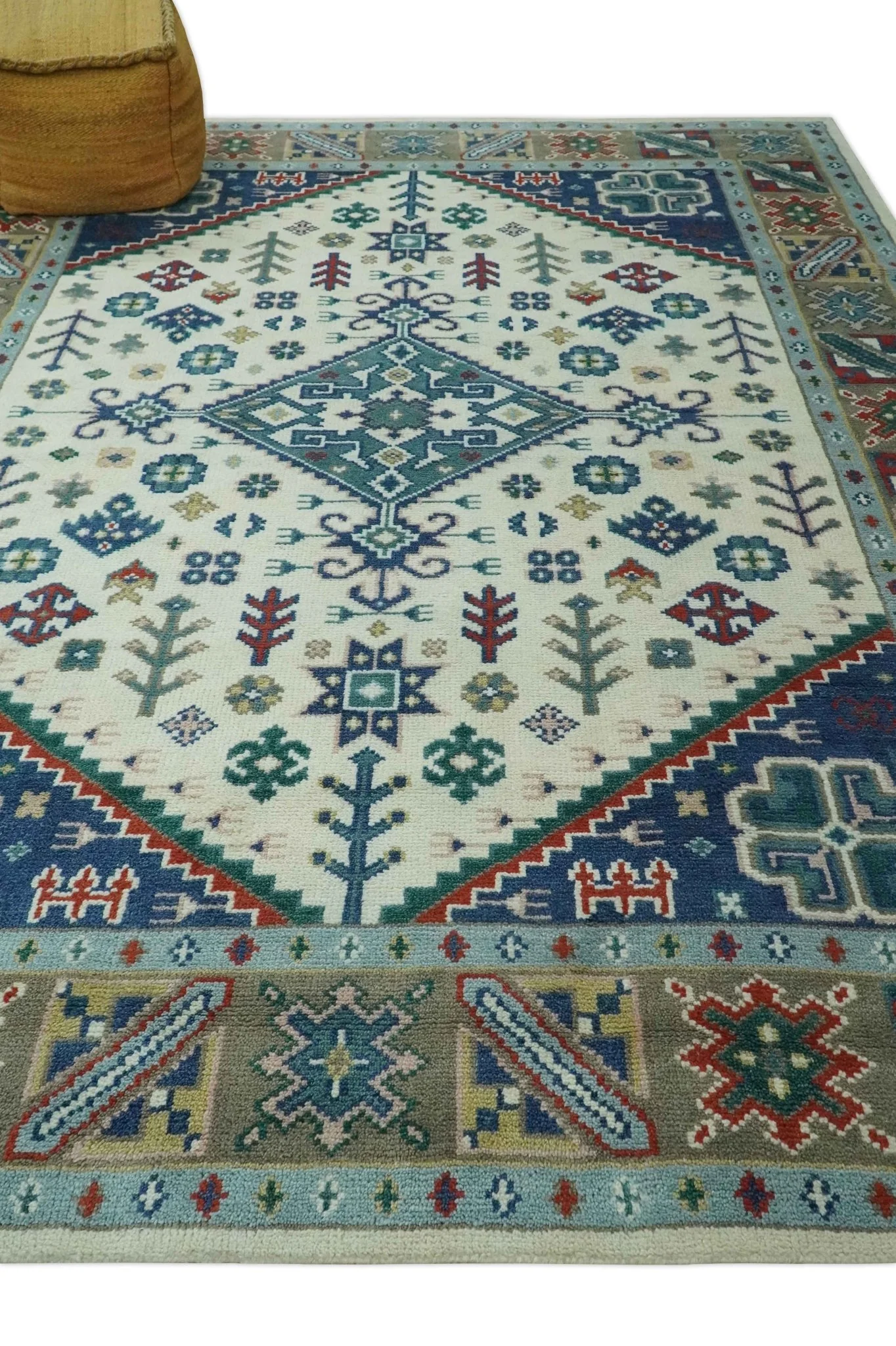 Custom Made Colorful Ivory, Blue, Brown and Teal Hand Knotted Traditional Heriz size wool Area Rug - Image 4