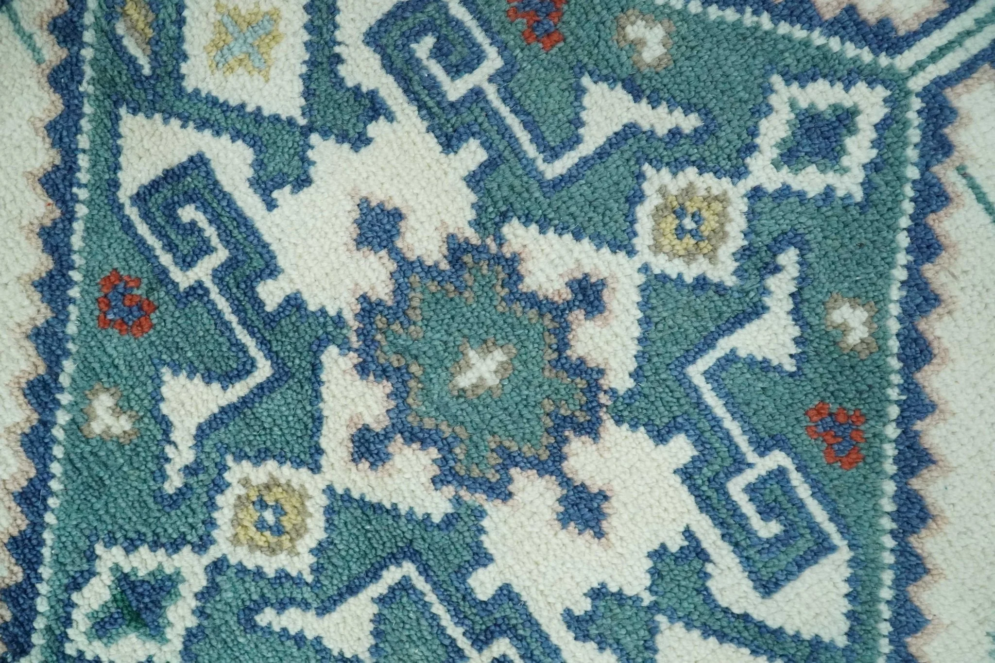 Custom Made Colorful Ivory, Blue, Brown and Teal Hand Knotted Traditional Heriz size wool Area Rug - Image 5