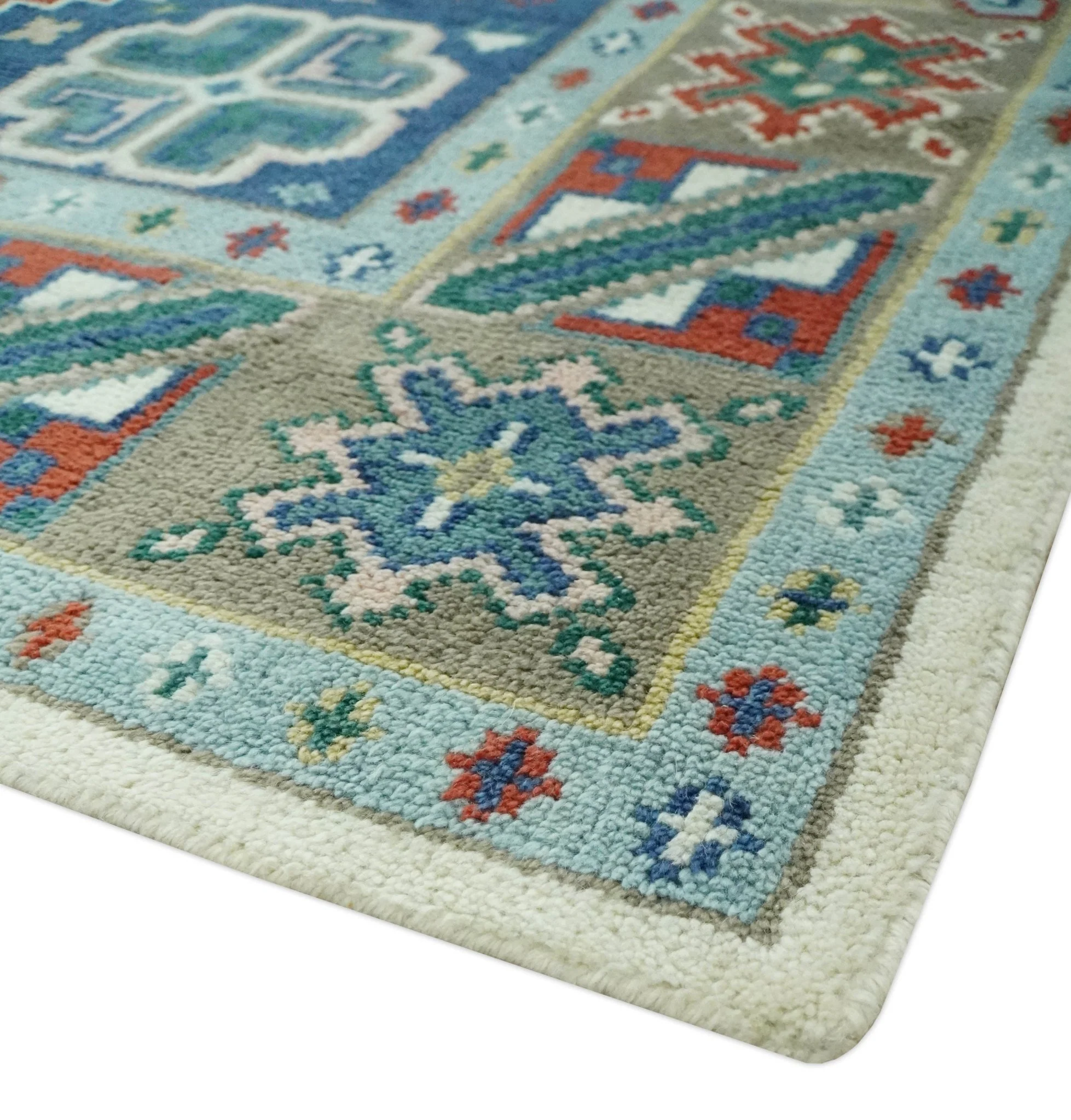 Custom Made Colorful Ivory, Blue, Brown and Teal Hand Knotted Traditional Heriz size wool Area Rug - Image 6