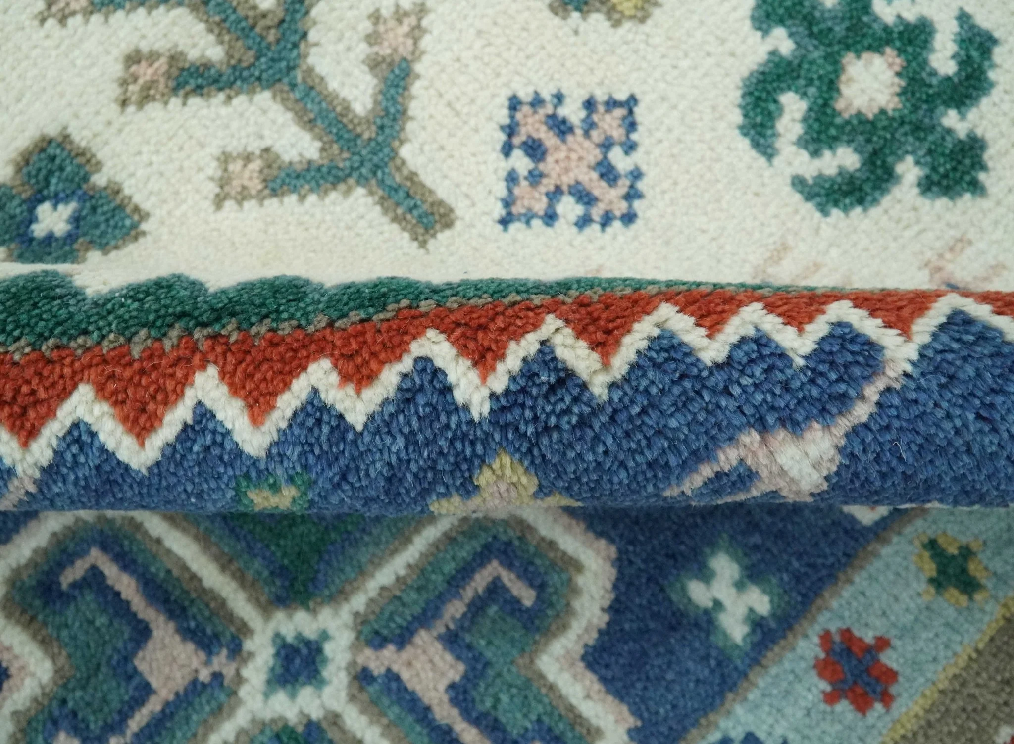 Custom Made Colorful Ivory, Blue, Brown and Teal Hand Knotted Traditional Heriz size wool Area Rug - Image 7