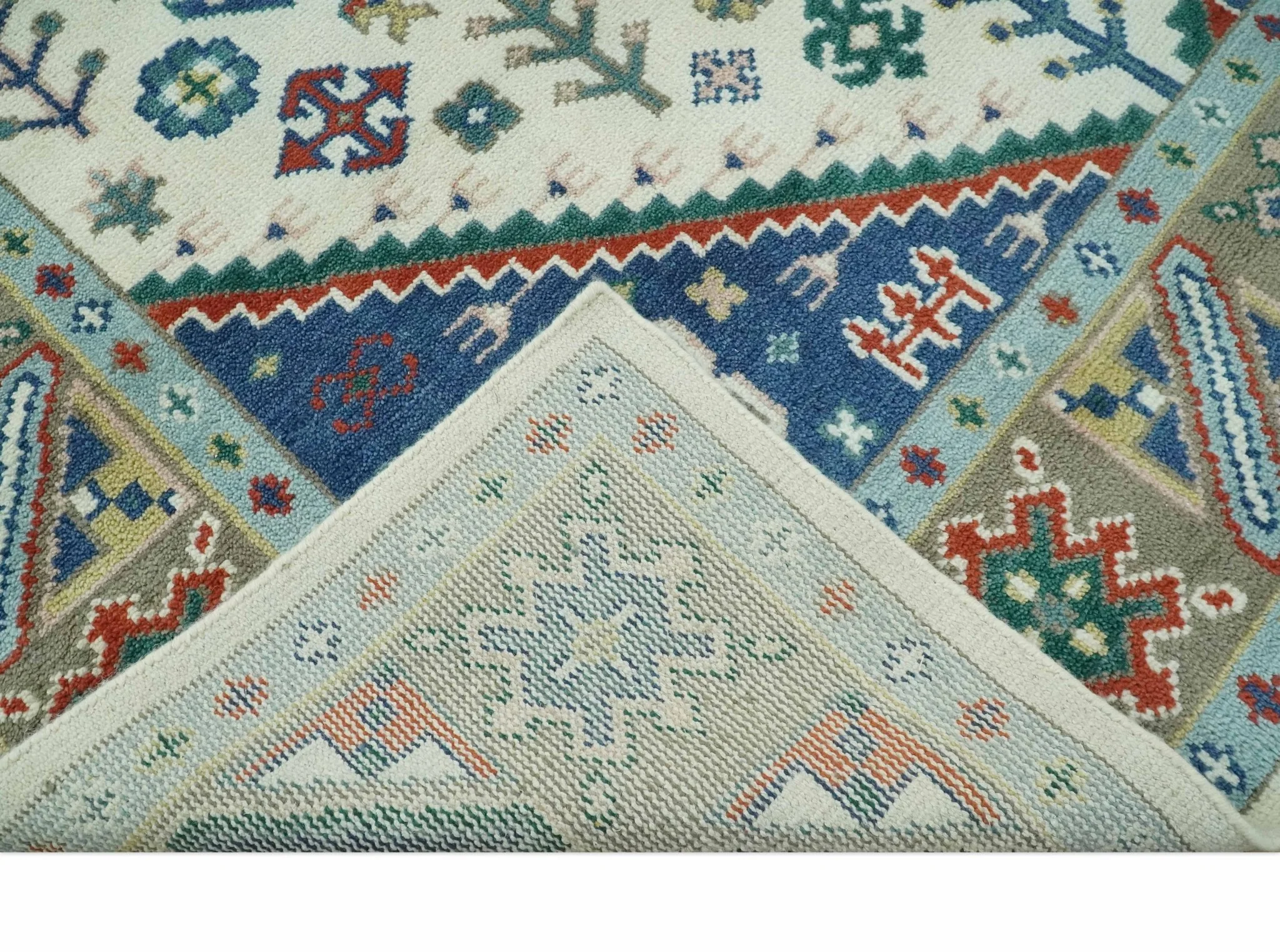 Custom Made Colorful Ivory, Blue, Brown and Teal Hand Knotted Traditional Heriz size wool Area Rug - Image 8