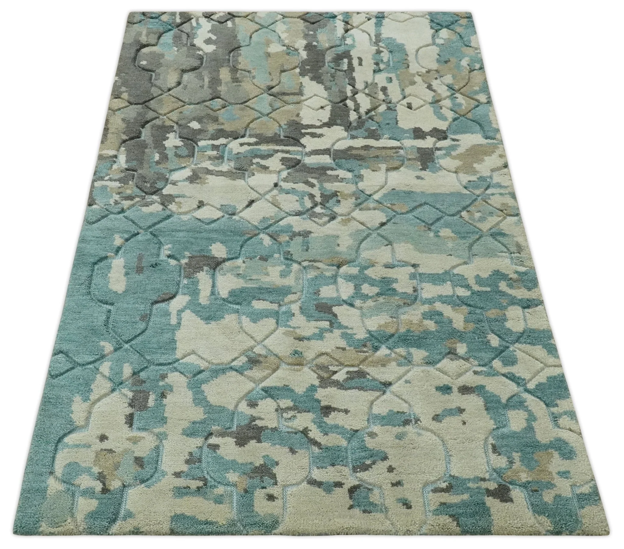 Carved Texture Ivory, Blue, Olive and Charcoal Modern Abstract 5x8 Hand Knotted wool Area Rug - Image 10