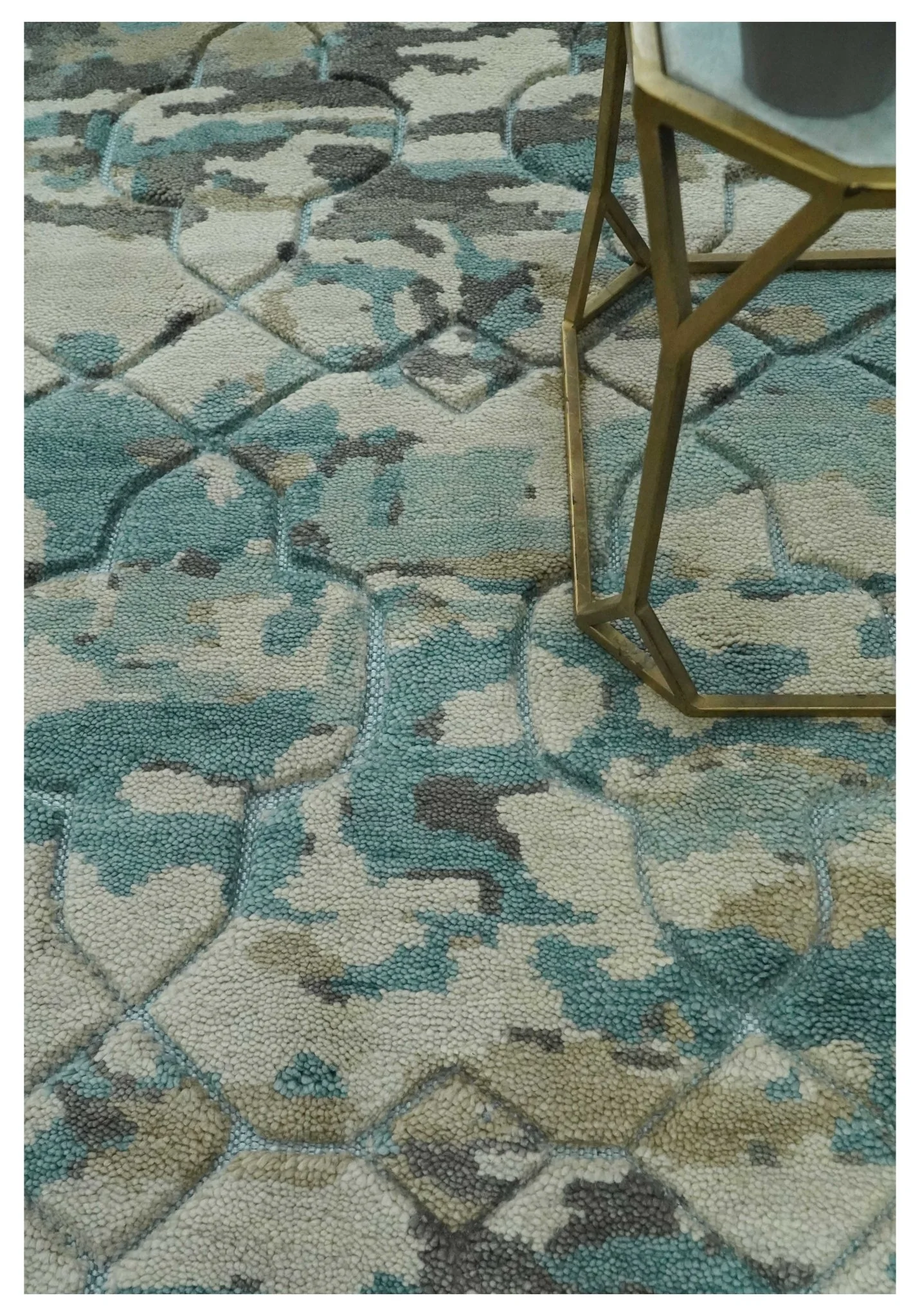Carved Texture Ivory, Blue, Olive and Charcoal Modern Abstract 5x8 Hand Knotted wool Area Rug - Image 2