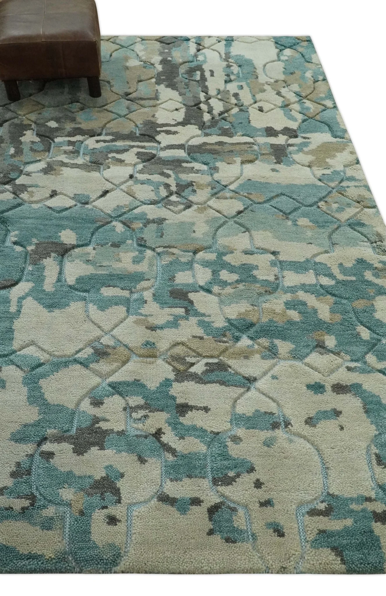 Carved Texture Ivory, Blue, Olive and Charcoal Modern Abstract 5x8 Hand Knotted wool Area Rug - Image 3
