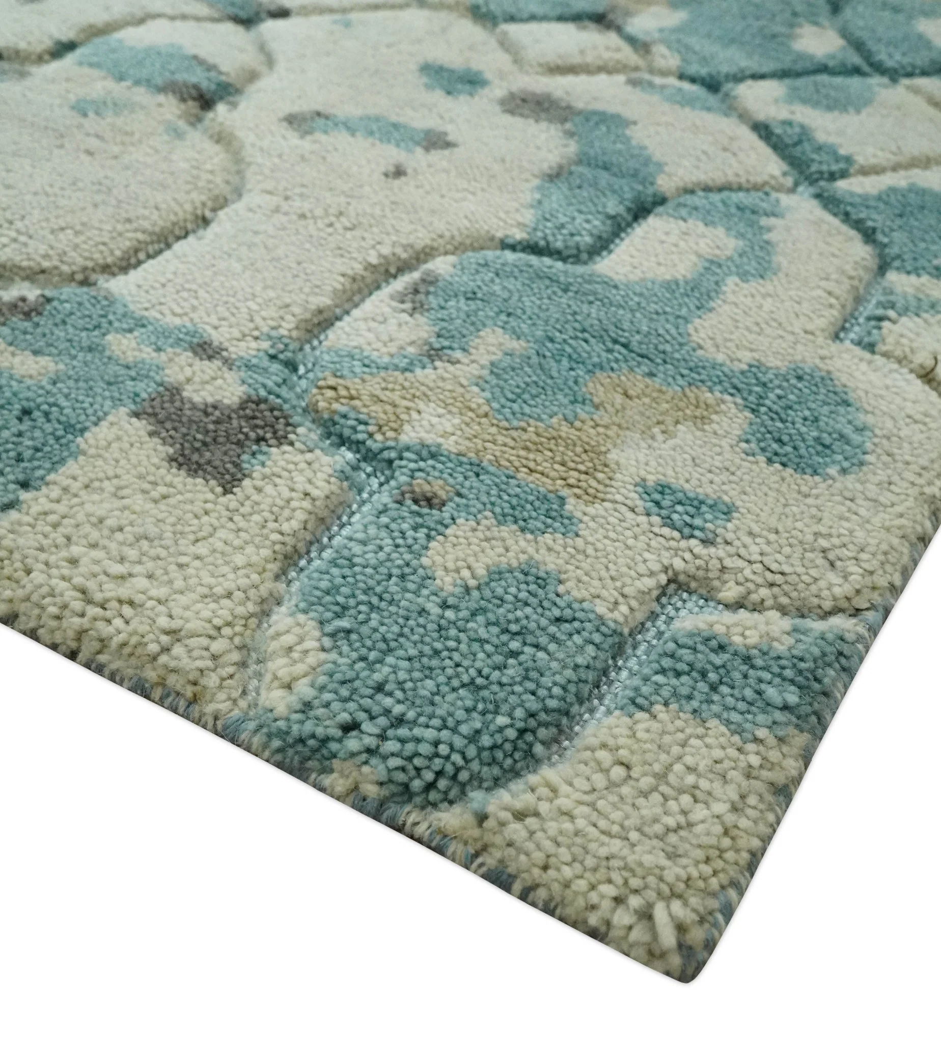 Carved Texture Ivory, Blue, Olive and Charcoal Modern Abstract 5x8 Hand Knotted wool Area Rug - Image 5