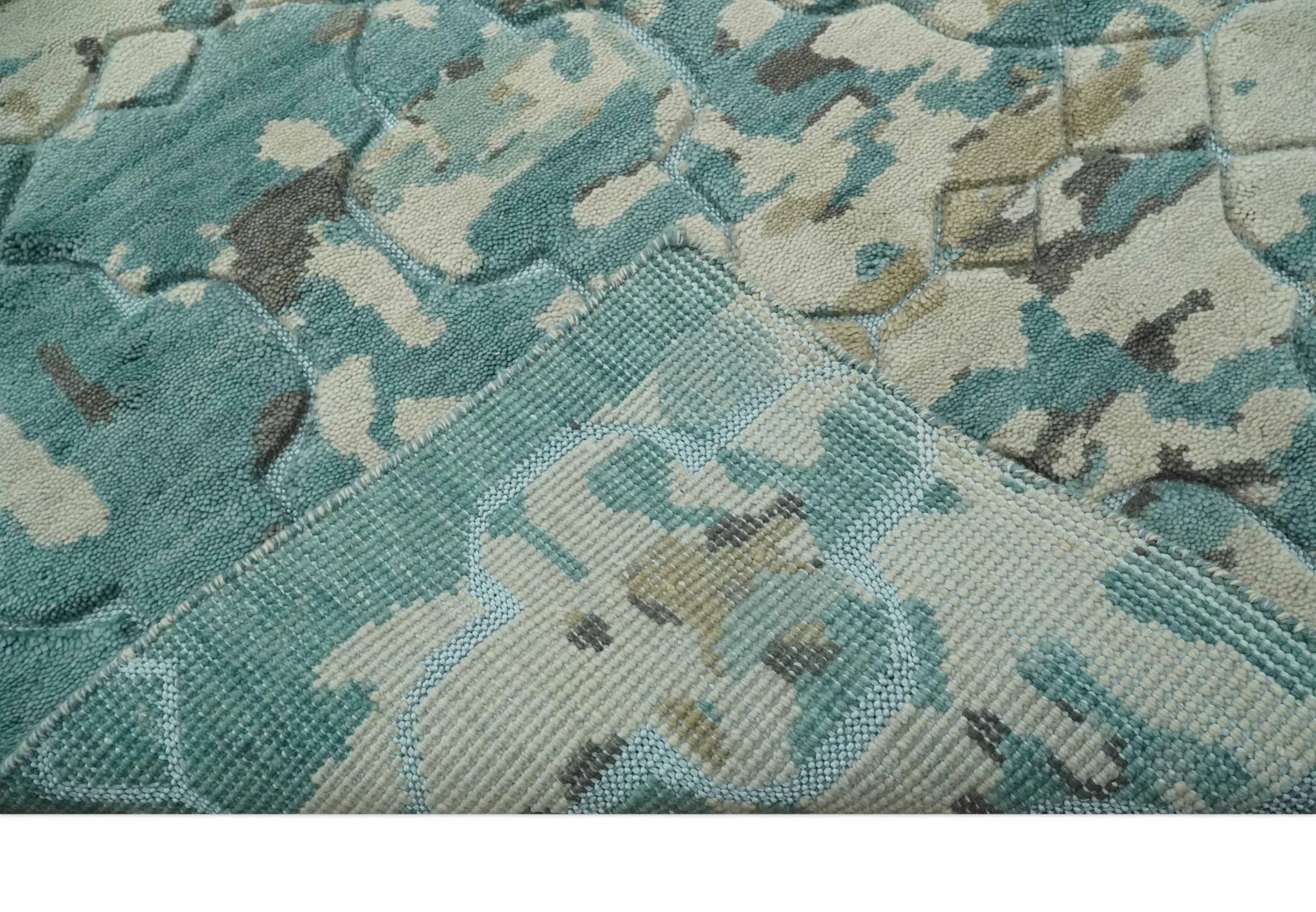 Carved Texture Ivory, Blue, Olive and Charcoal Modern Abstract 5x8 Hand Knotted wool Area Rug - Image 7
