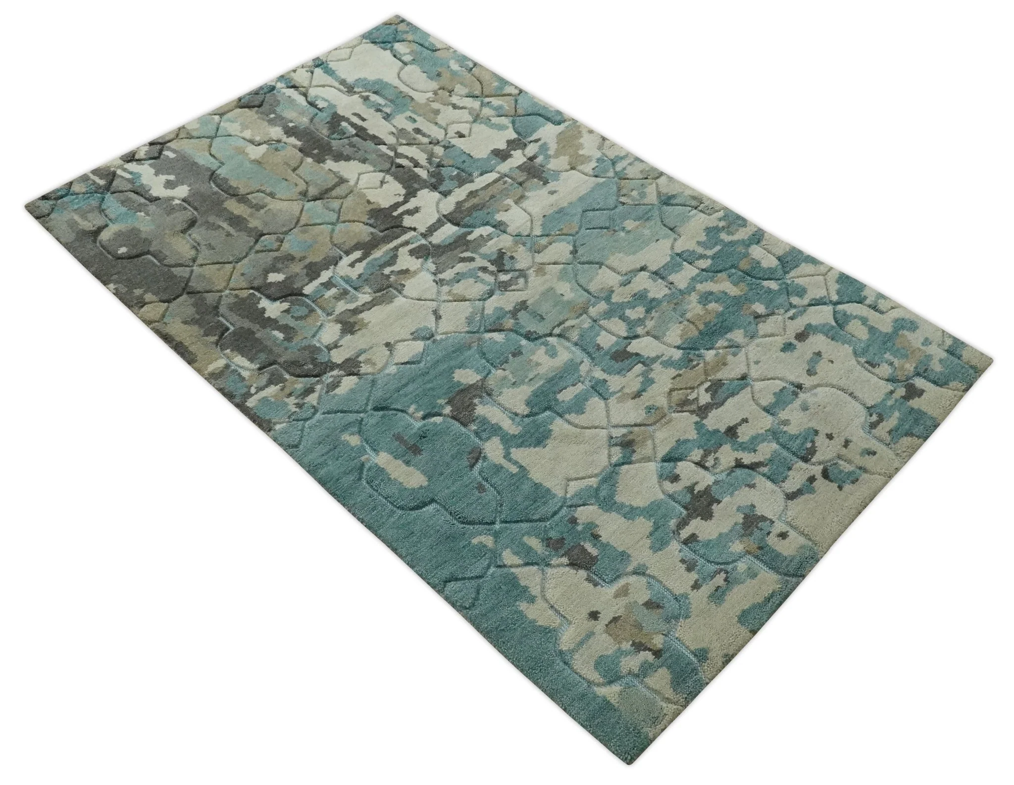 Carved Texture Ivory, Blue, Olive and Charcoal Modern Abstract 5x8 Hand Knotted wool Area Rug - Image 9