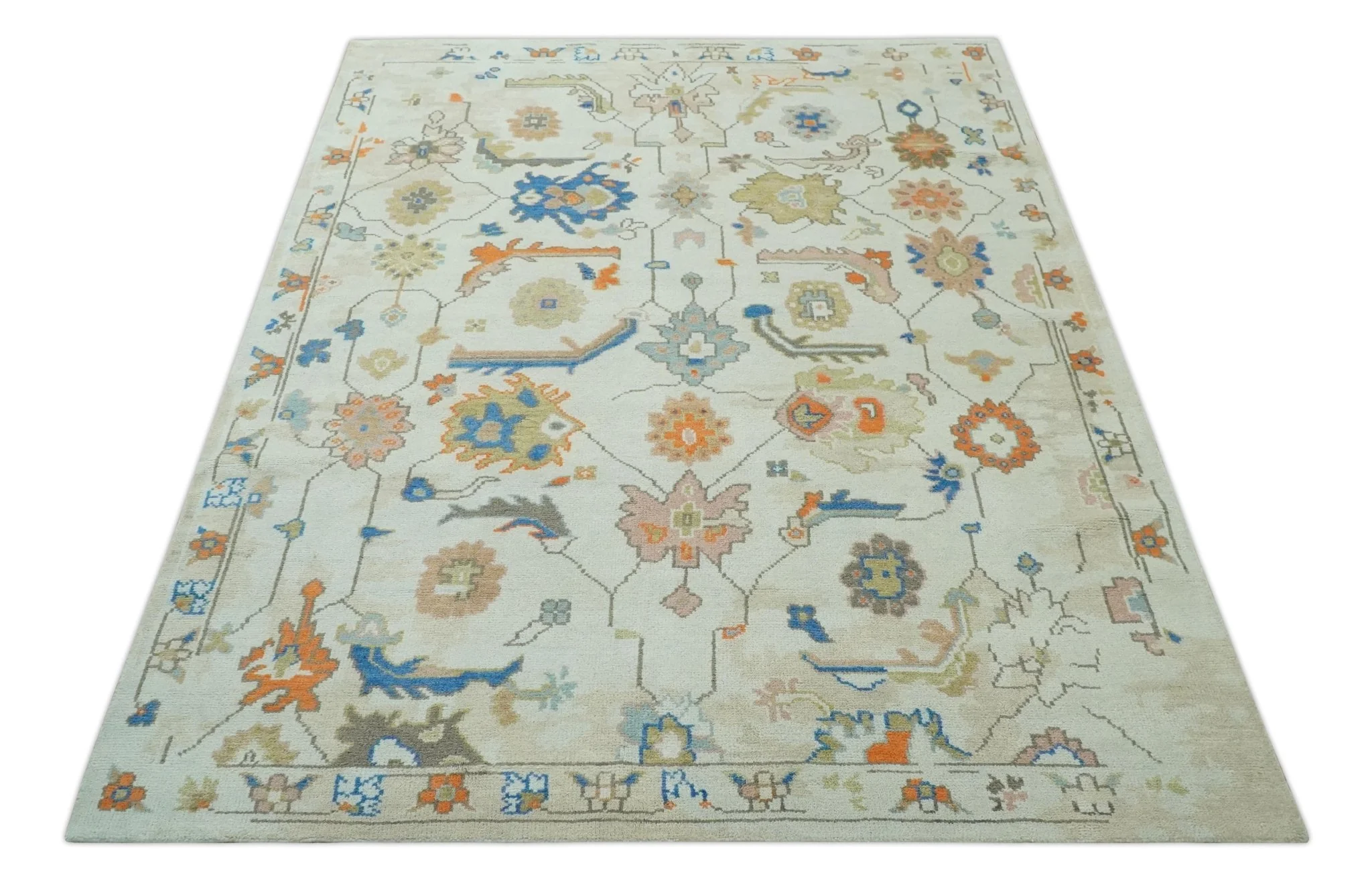 Colorful Ivory, Blue, Orange and Olive Hand Knotted Traditional Oriental Oushak Custom Made wool area Rug - Image 10