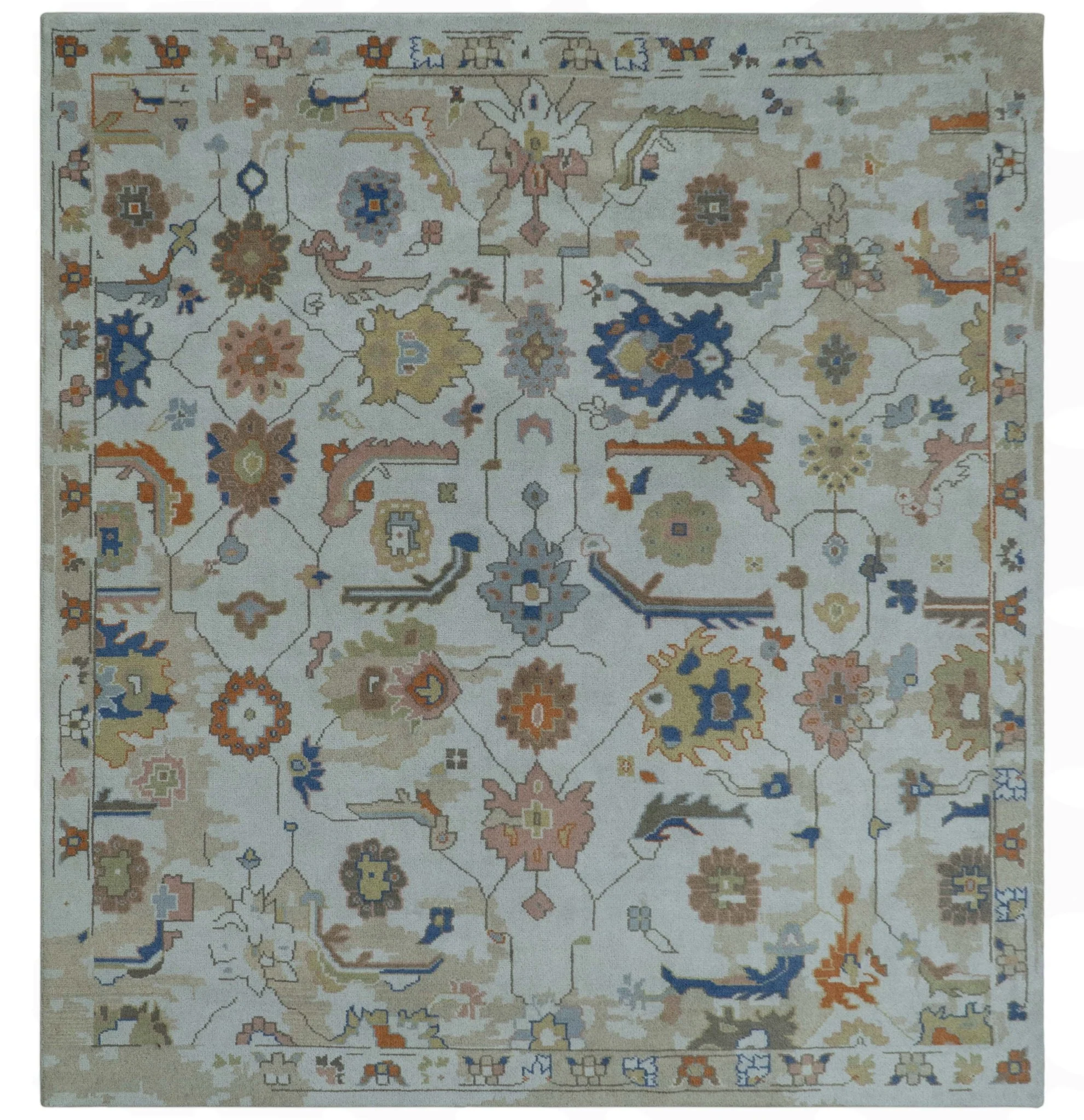 Colorful Ivory, Blue, Orange and Olive Hand Knotted Traditional Oriental Oushak Custom Made wool area Rug - Image 11