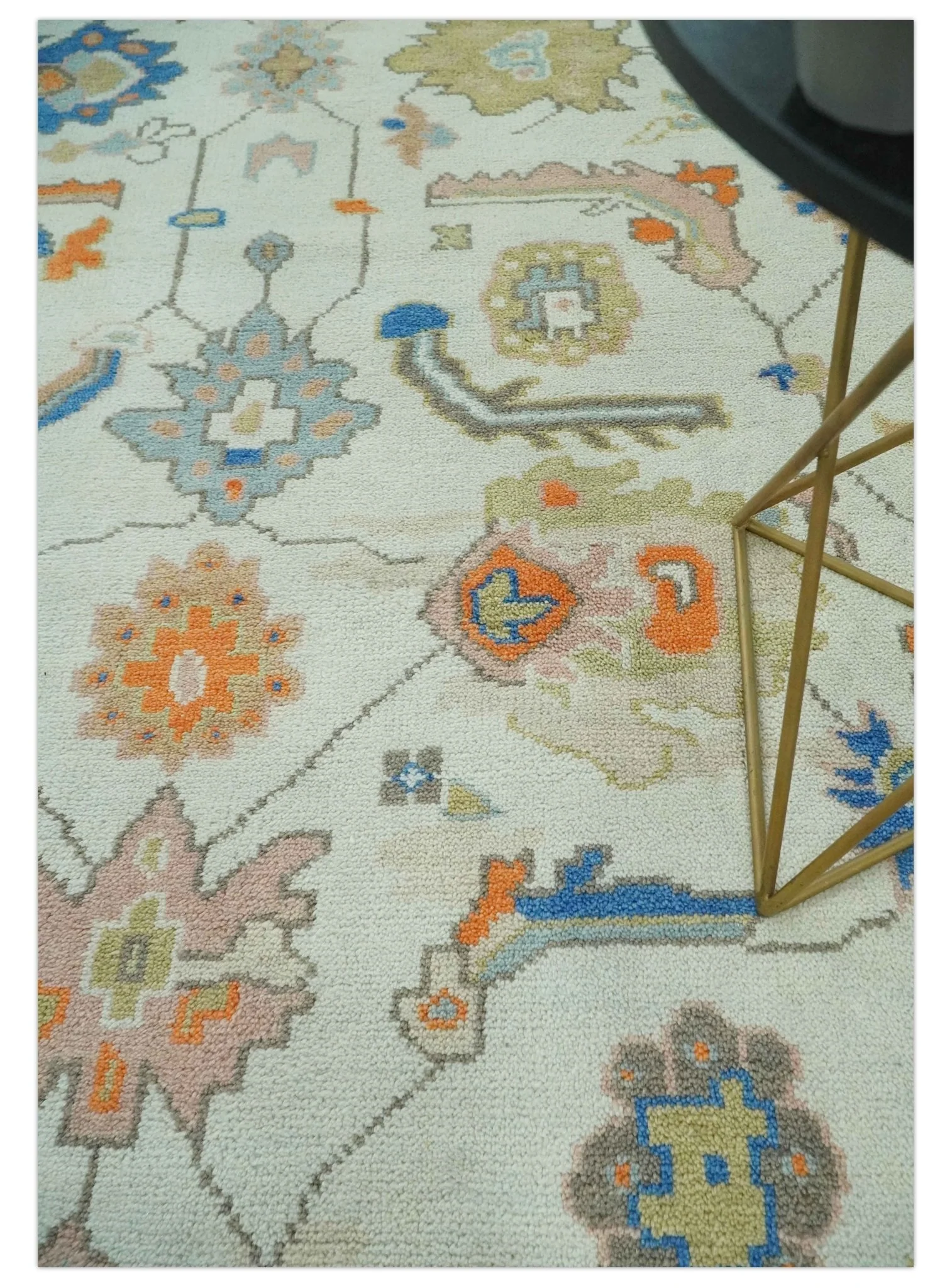 Colorful Ivory, Blue, Orange and Olive Hand Knotted Traditional Oriental Oushak Custom Made wool area Rug - Image 2