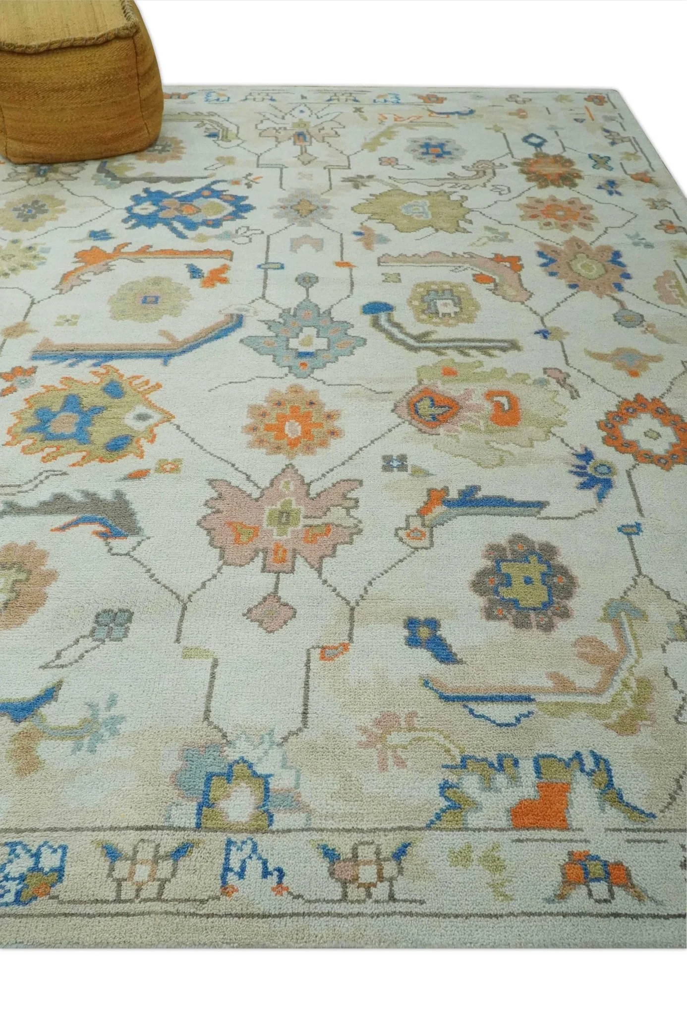 Colorful Ivory, Blue, Orange and Olive Hand Knotted Traditional Oriental Oushak Custom Made wool area Rug - Image 3