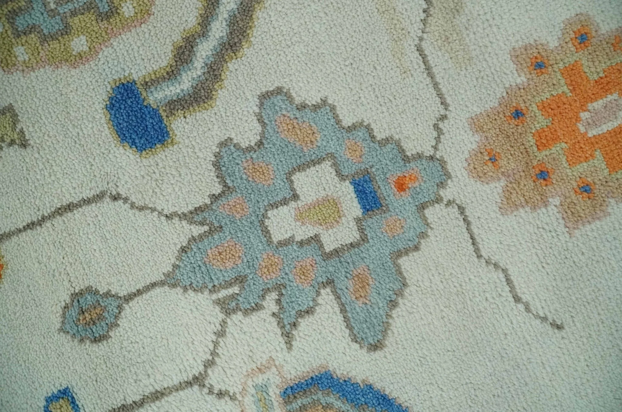 Colorful Ivory, Blue, Orange and Olive Hand Knotted Traditional Oriental Oushak Custom Made wool area Rug - Image 4