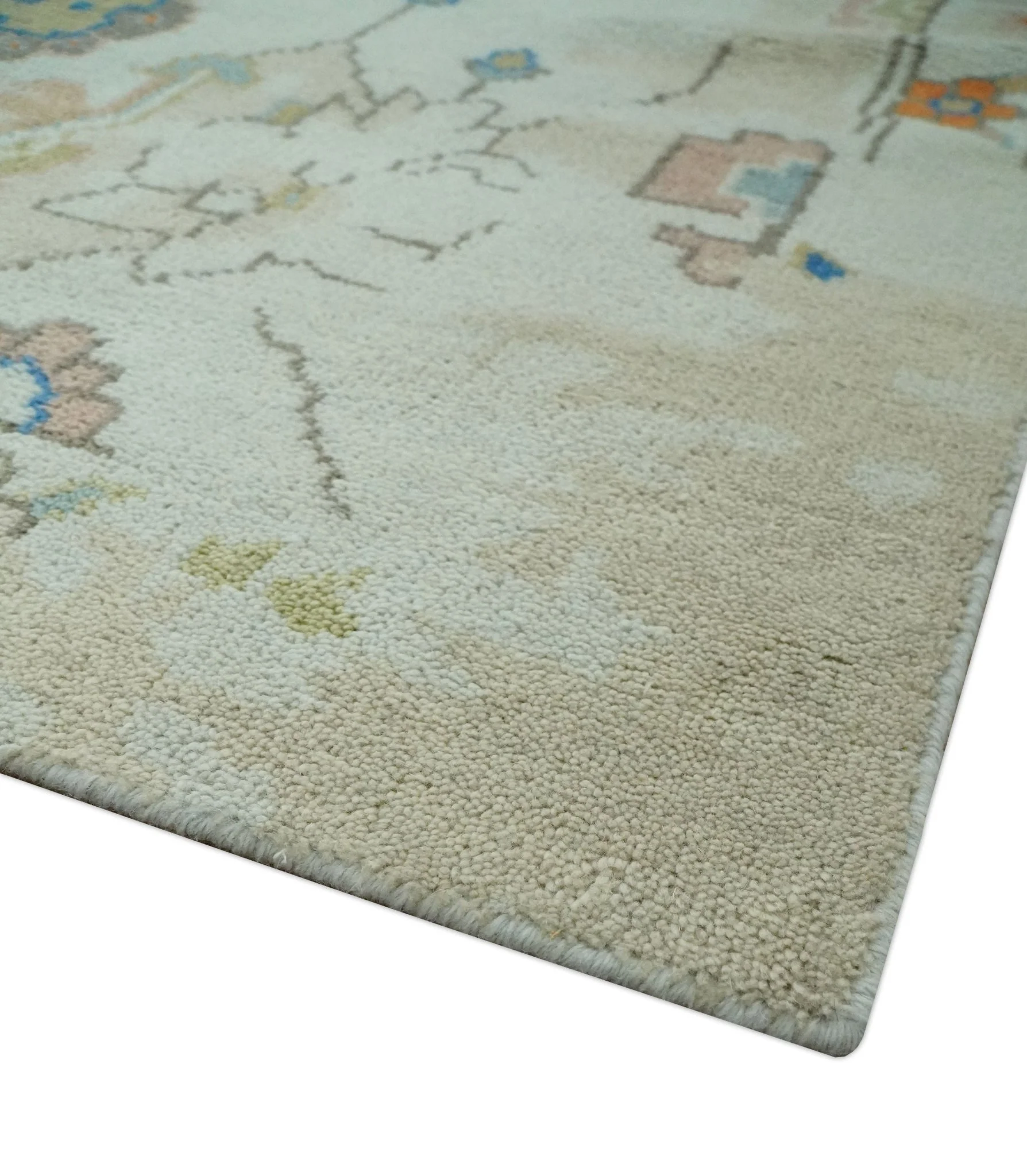 Colorful Ivory, Blue, Orange and Olive Hand Knotted Traditional Oriental Oushak Custom Made wool area Rug - Image 5