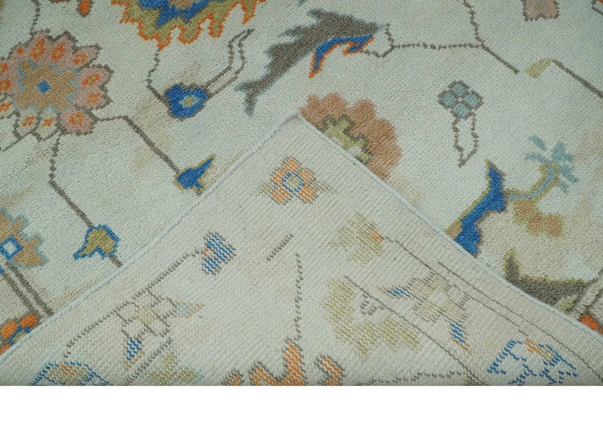 Colorful Ivory, Blue, Orange and Olive Hand Knotted Traditional Oriental Oushak Custom Made wool area Rug - Image 7