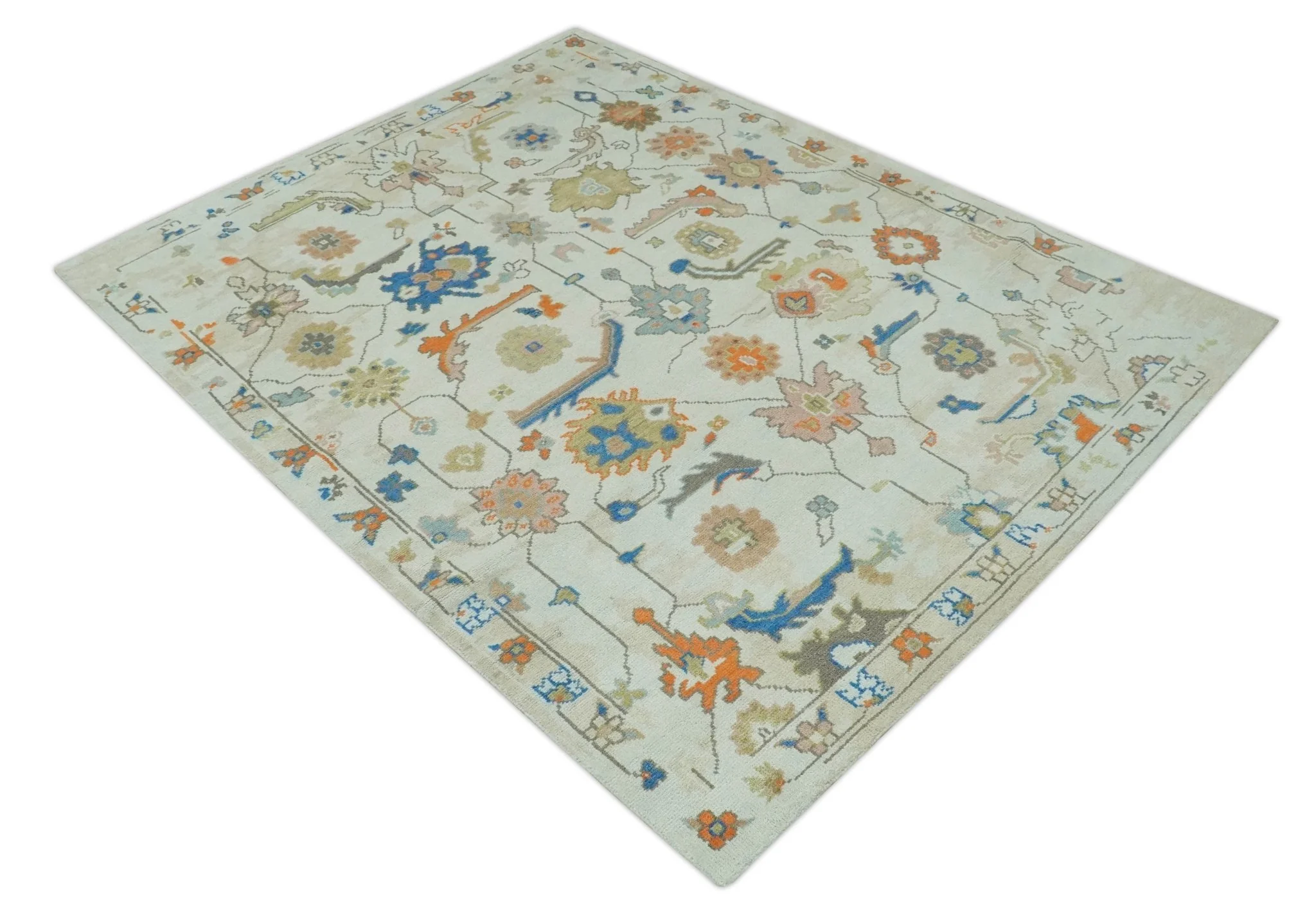 Colorful Ivory, Blue, Orange and Olive Hand Knotted Traditional Oriental Oushak Custom Made wool area Rug - Image 9