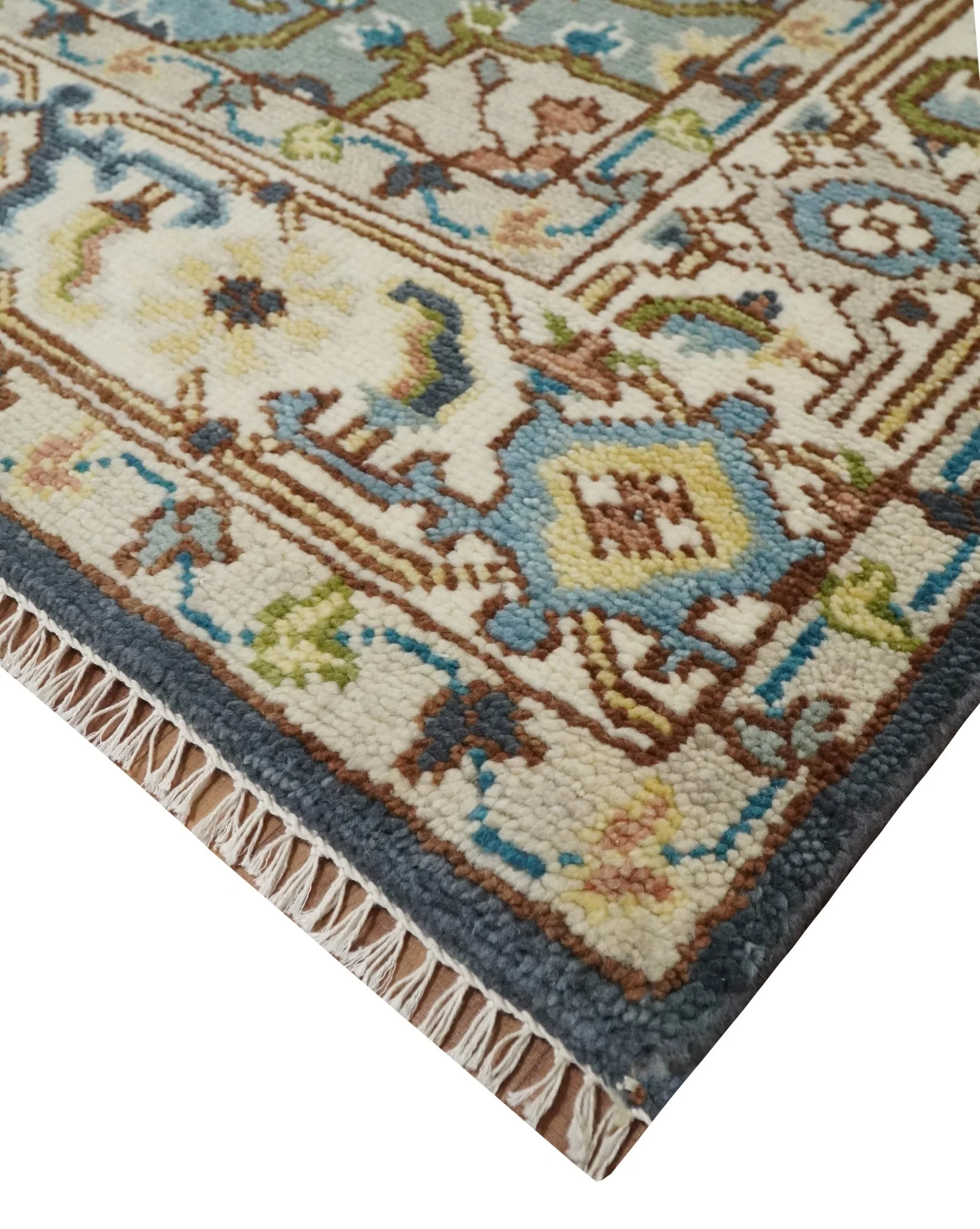 Vintage Style Ivory, Blue, Rust and Beige Hand knotted Traditional Heriz Multi Size wool Area Rug - Image 7