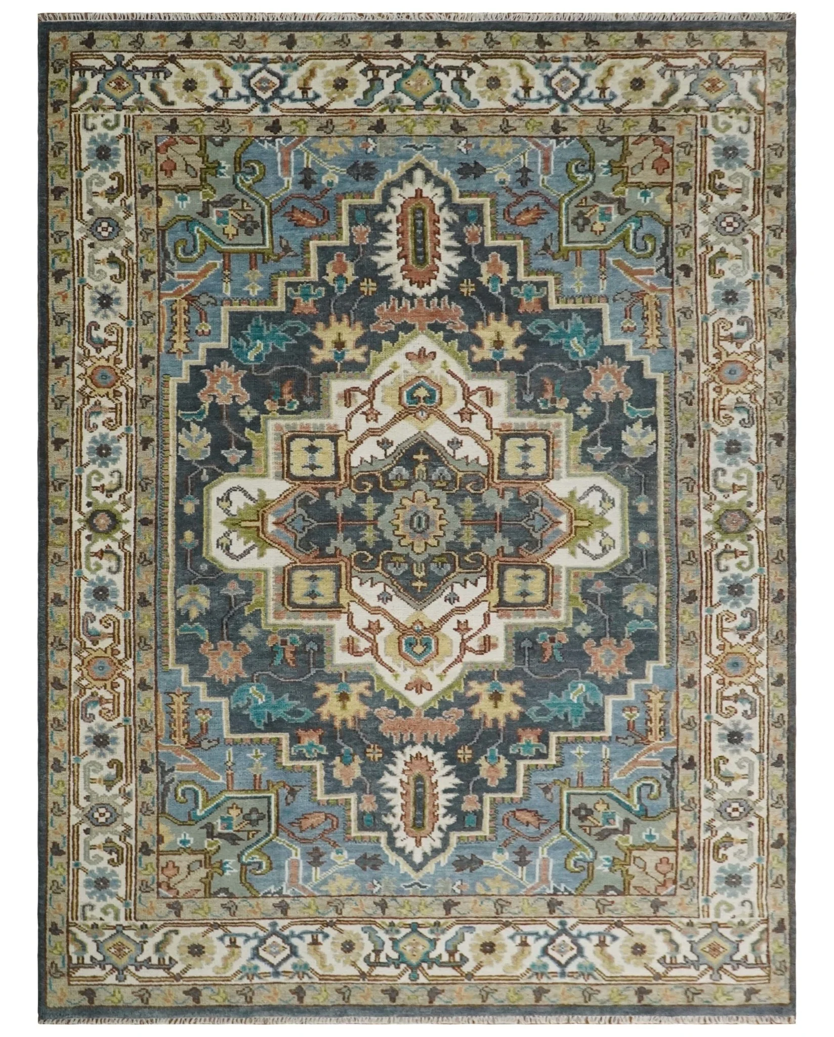 Vintage Style Ivory, Blue, Rust and Beige Hand knotted Traditional Heriz Multi Size wool Area Rug - Image 8