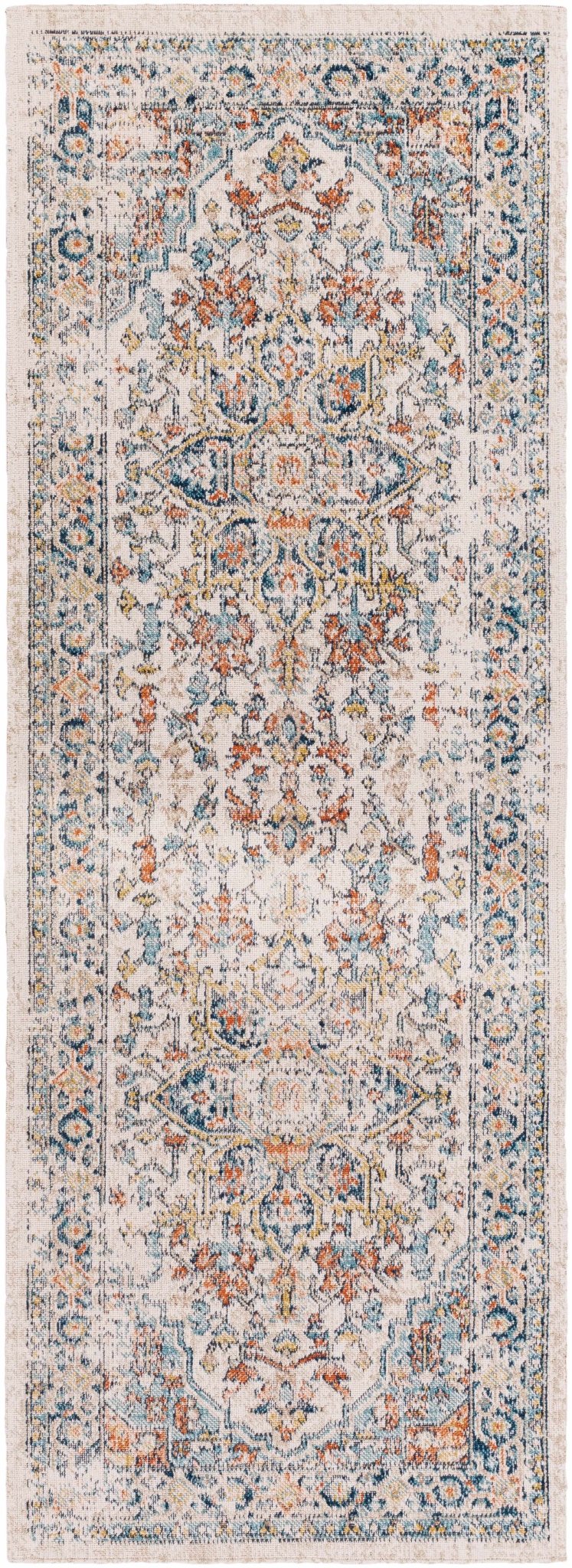 Ivory, Blue, Rust and Mustard Traditional Medallion Outdoor Safe Area Rug - Image 10