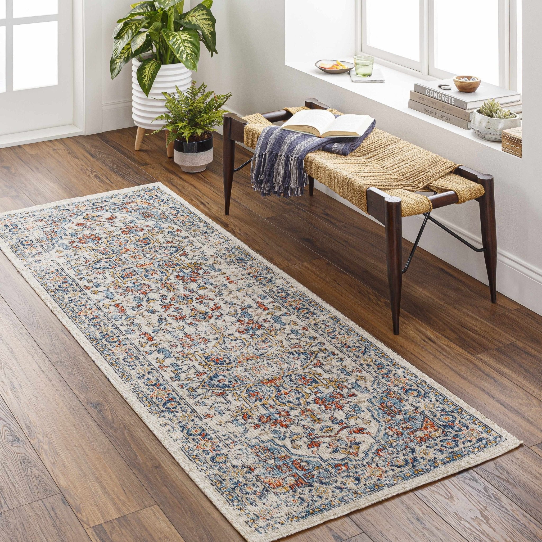 Ivory, Blue, Rust and Mustard Traditional Medallion Outdoor Safe Area Rug - Image 12