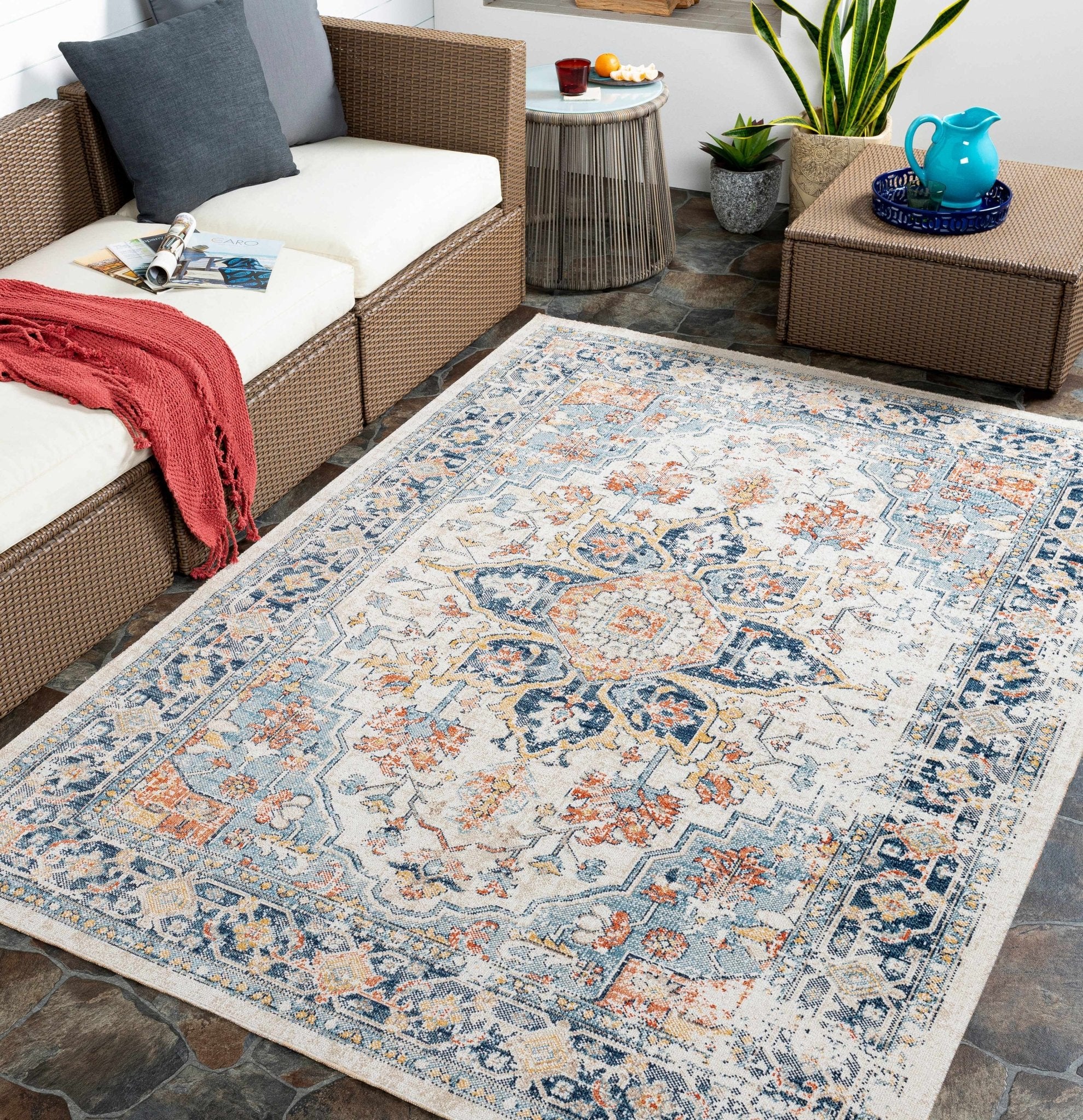 Ivory, Blue, Rust and Mustard Traditional Medallion Outdoor Safe Area Rug - Image 3