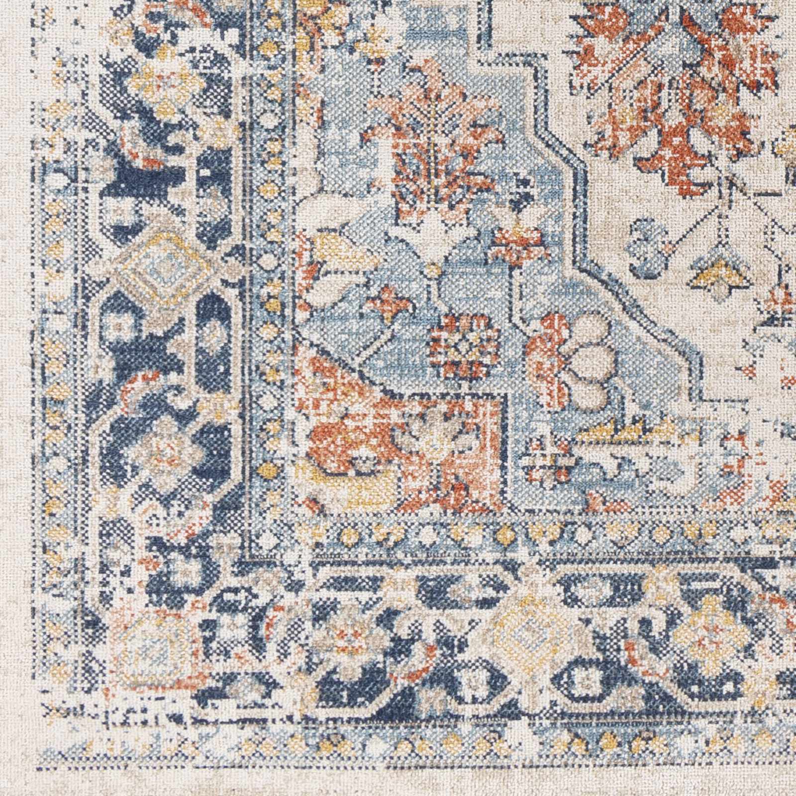 Ivory, Blue, Rust and Mustard Traditional Medallion Outdoor Safe Area Rug - Image 4