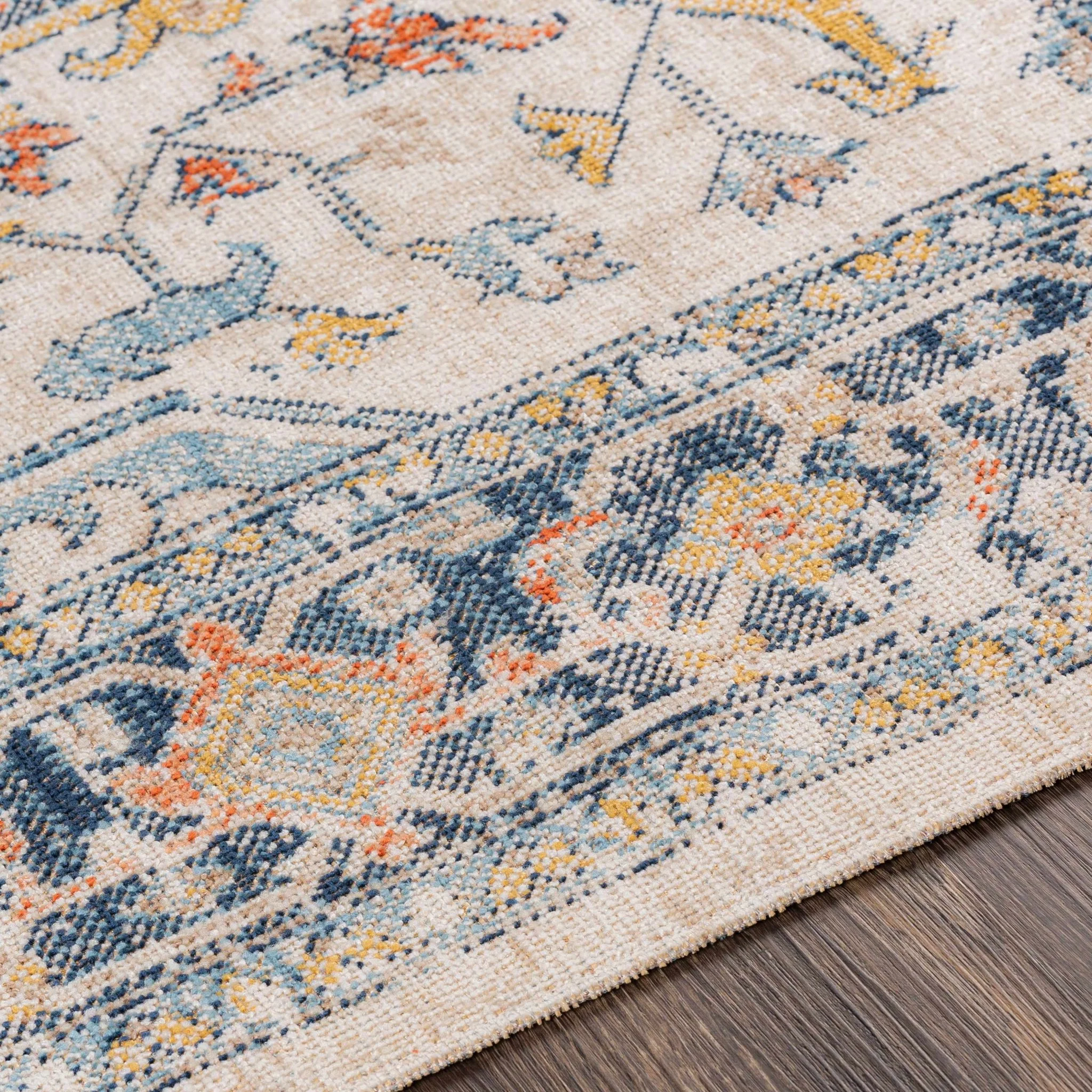 Ivory, Blue, Rust and Mustard Traditional Medallion Outdoor Safe Area Rug - Image 5