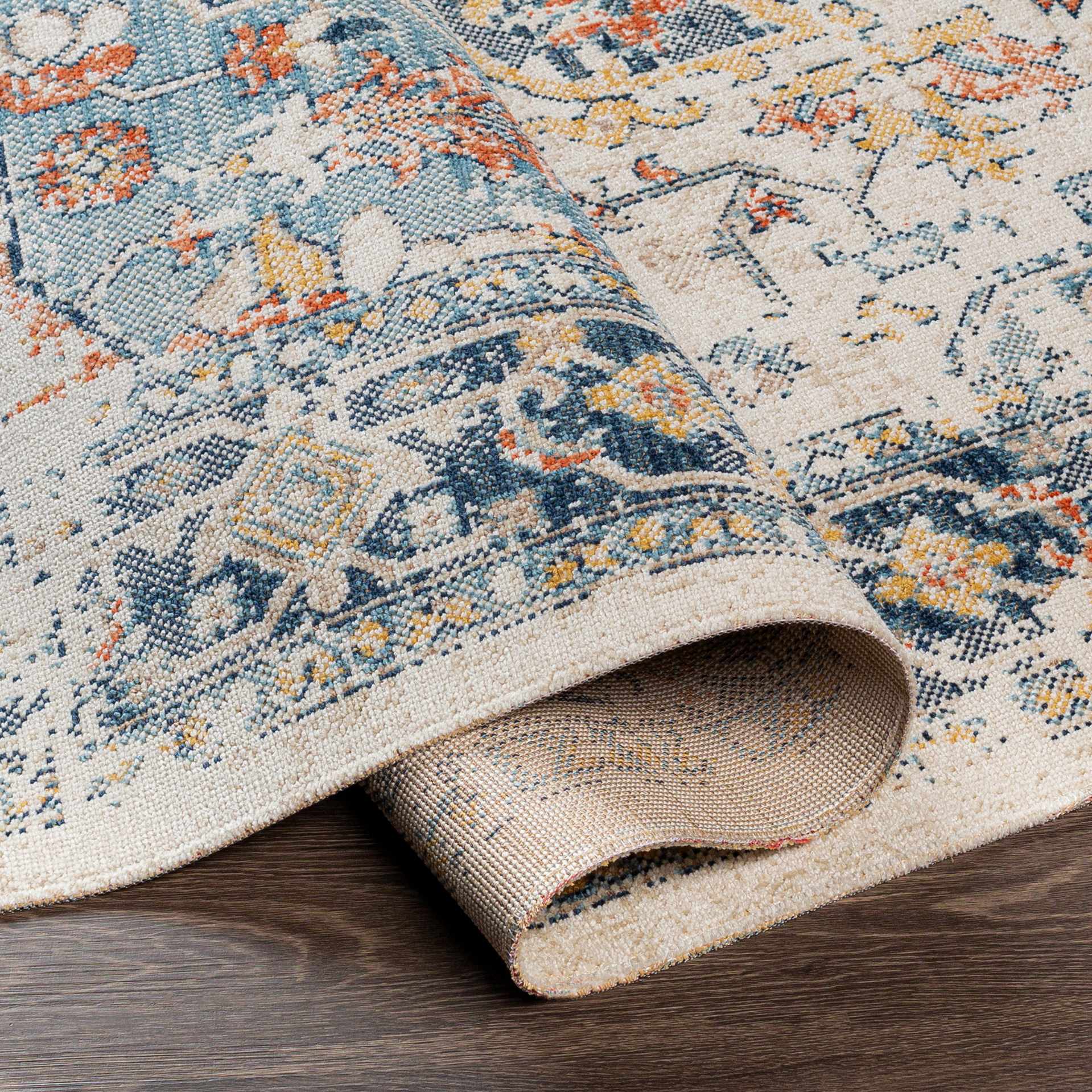 Ivory, Blue, Rust and Mustard Traditional Medallion Outdoor Safe Area Rug - Image 6