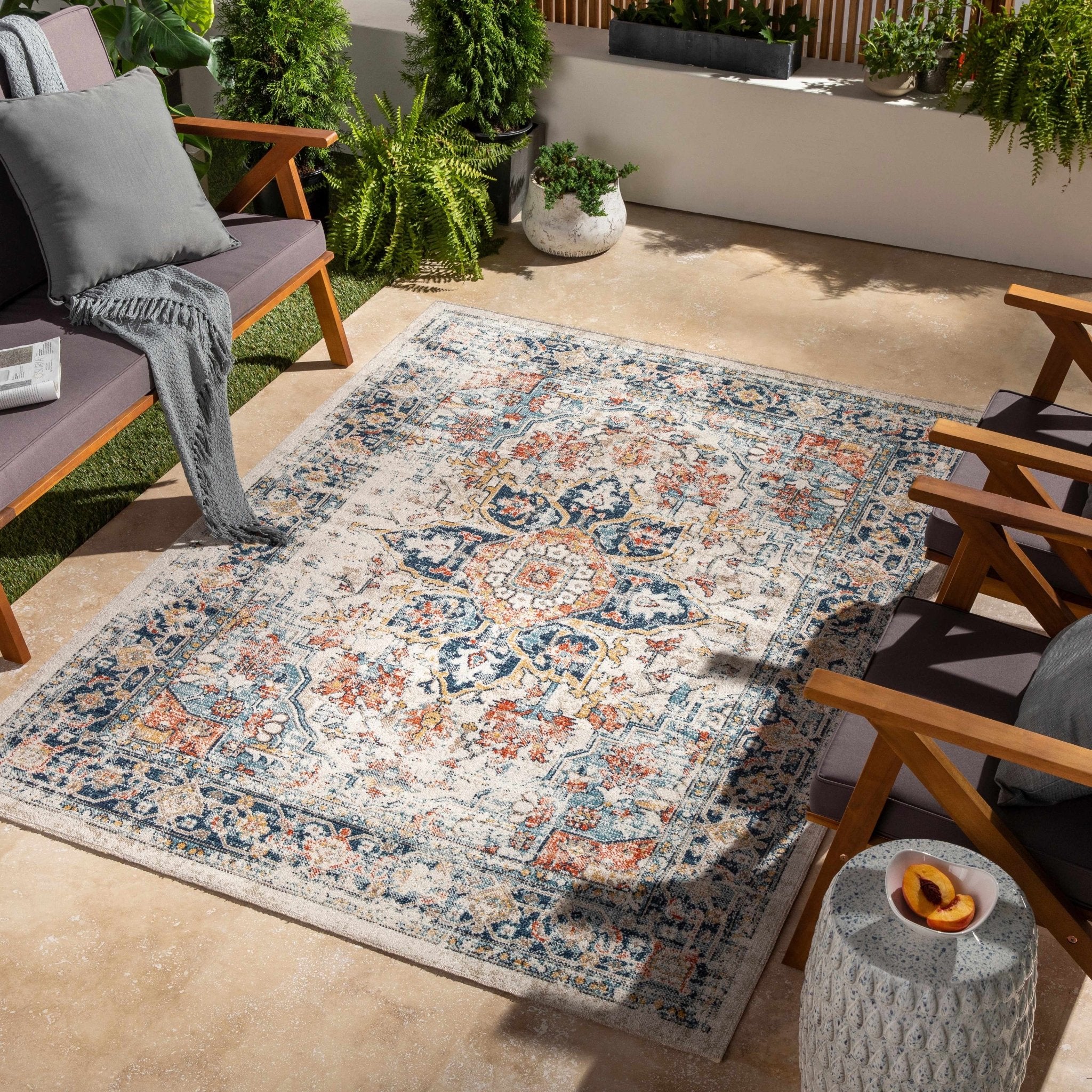 Ivory, Blue, Rust and Mustard Traditional Medallion Outdoor Safe Area Rug - Image 7