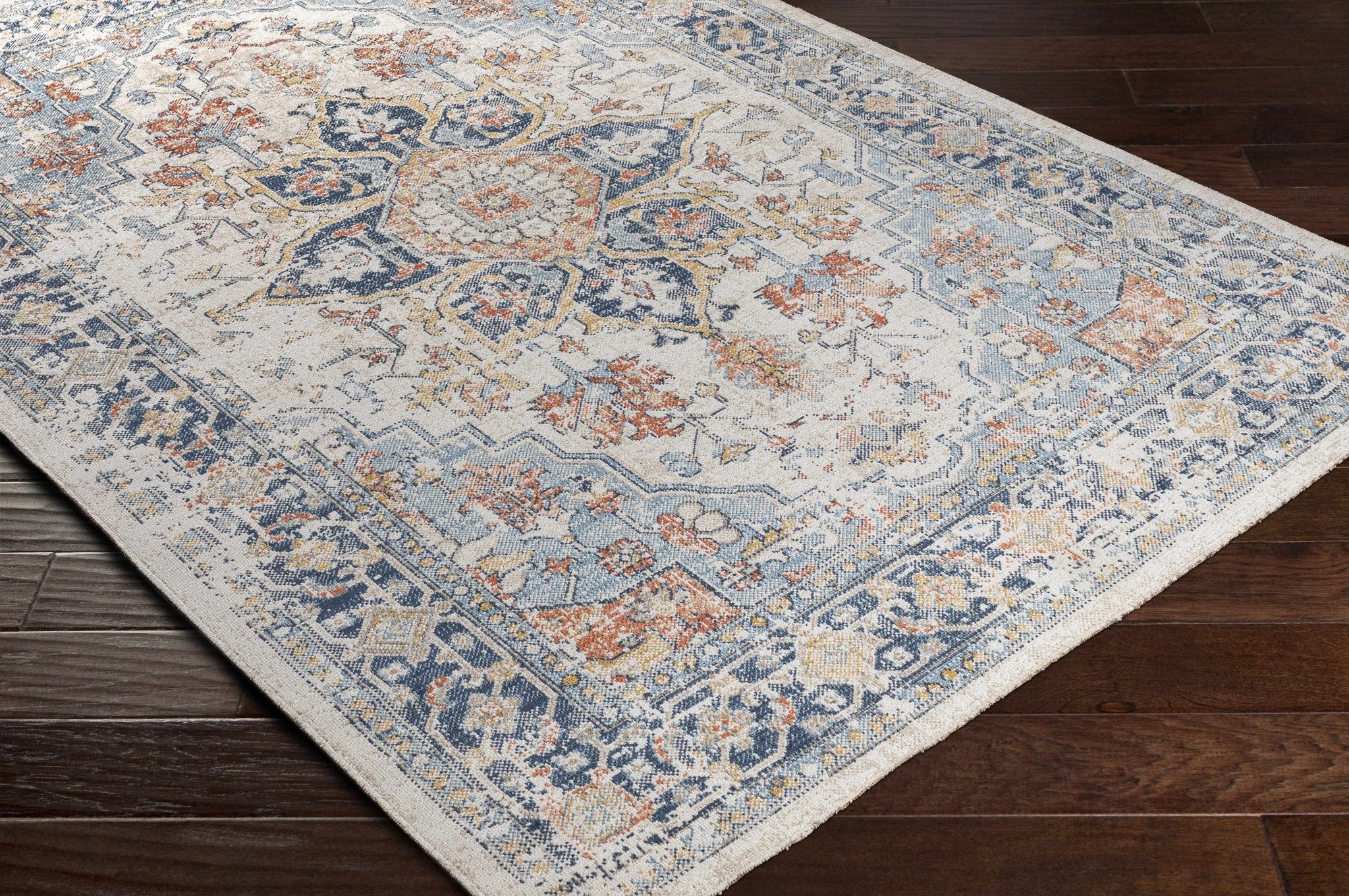 Ivory, Blue, Rust and Mustard Traditional Medallion Outdoor Safe Area Rug - Image 8