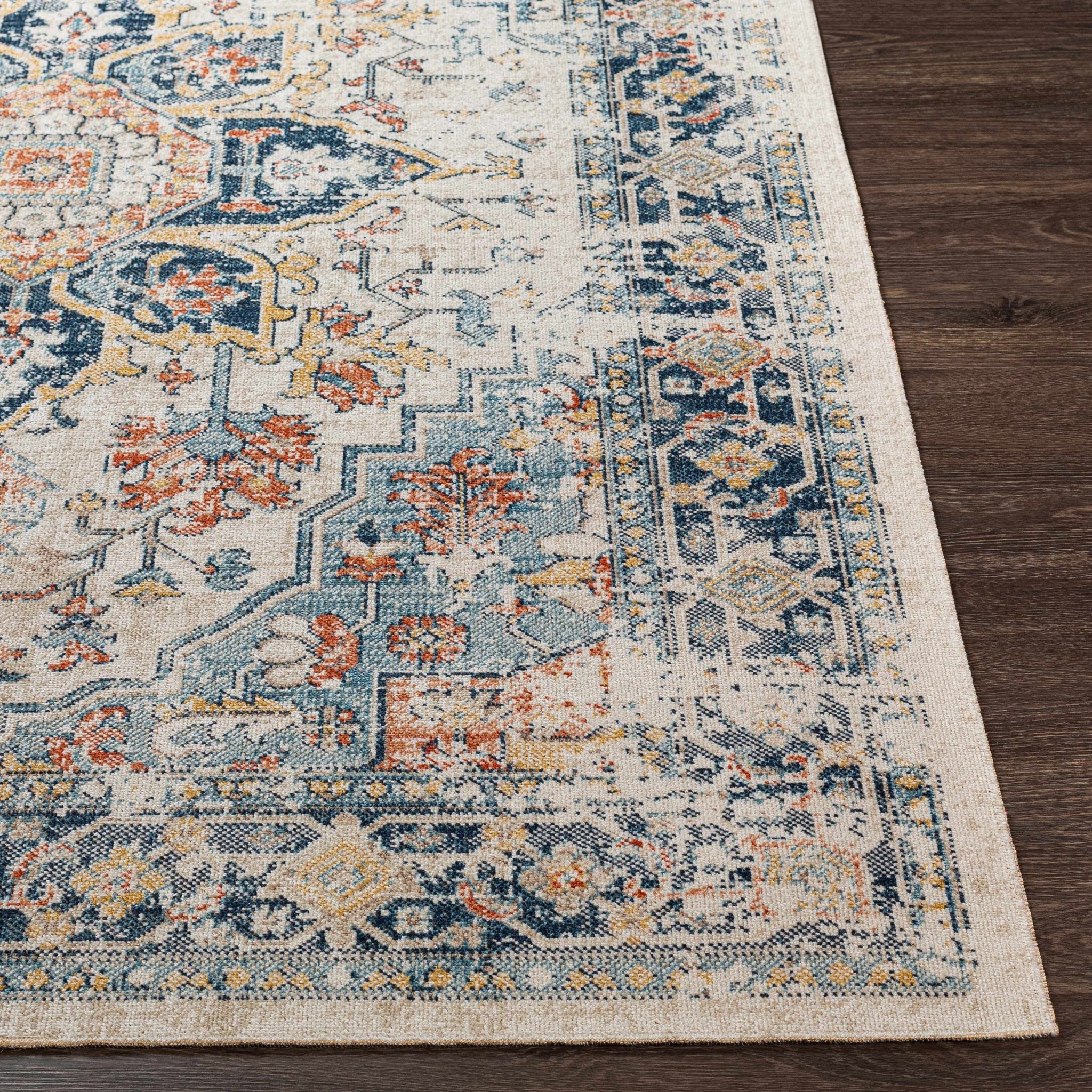 Ivory, Blue, Rust and Mustard Traditional Medallion Outdoor Safe Area Rug - Image 9