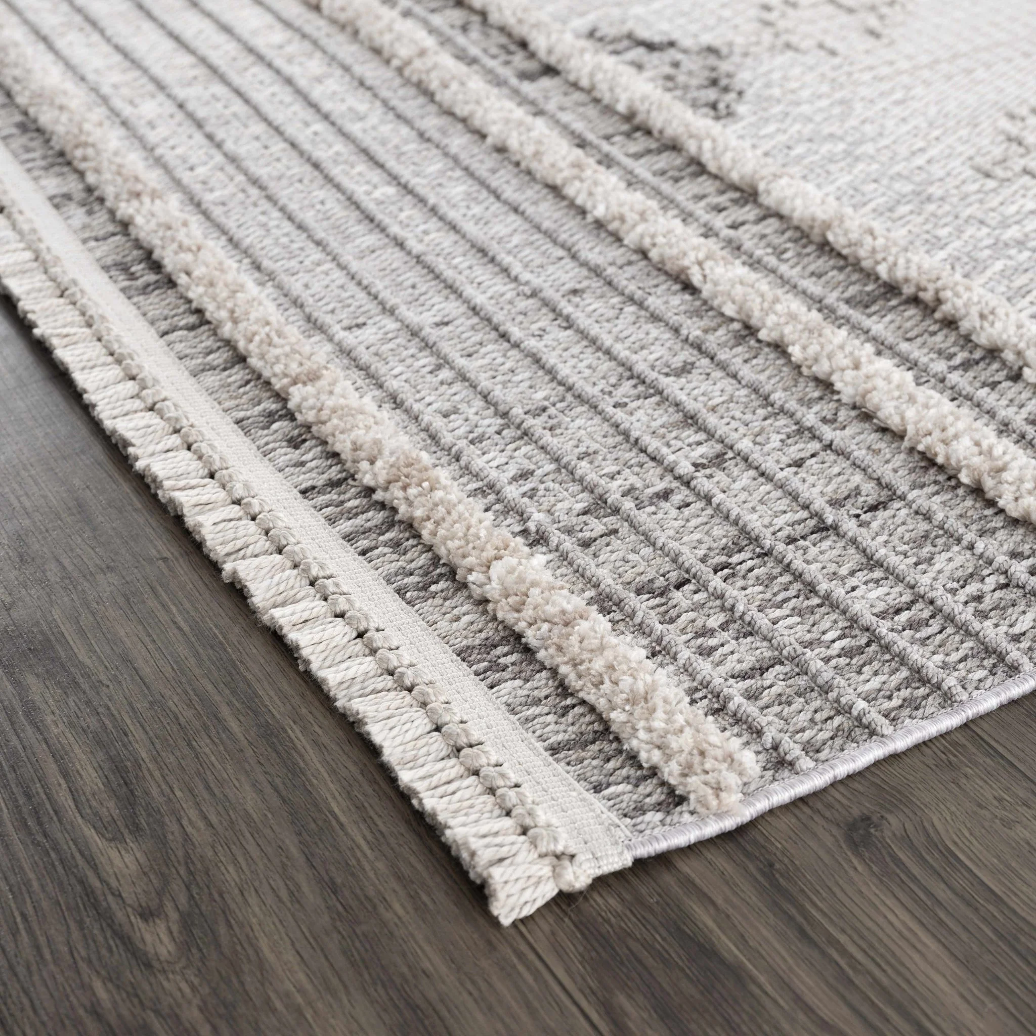 Ivory, Brown and charcoal Flatwoven Knit design Geometrical Carved Texture Area Rug - Image 12