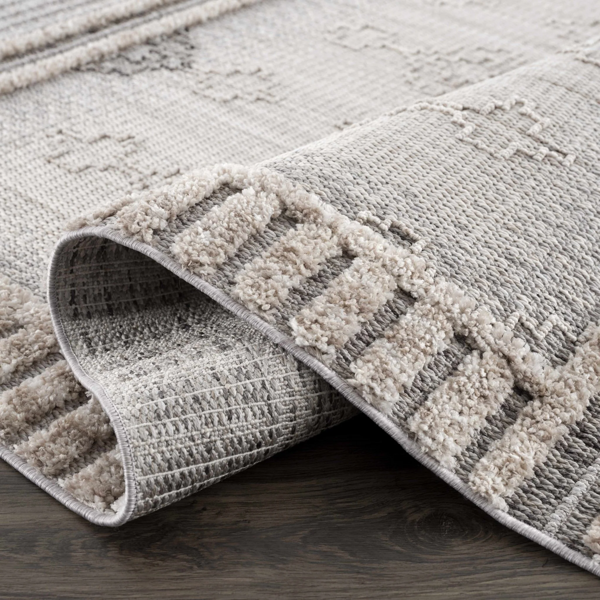 Ivory, Brown and charcoal Flatwoven Knit design Geometrical Carved Texture Area Rug - Image 17