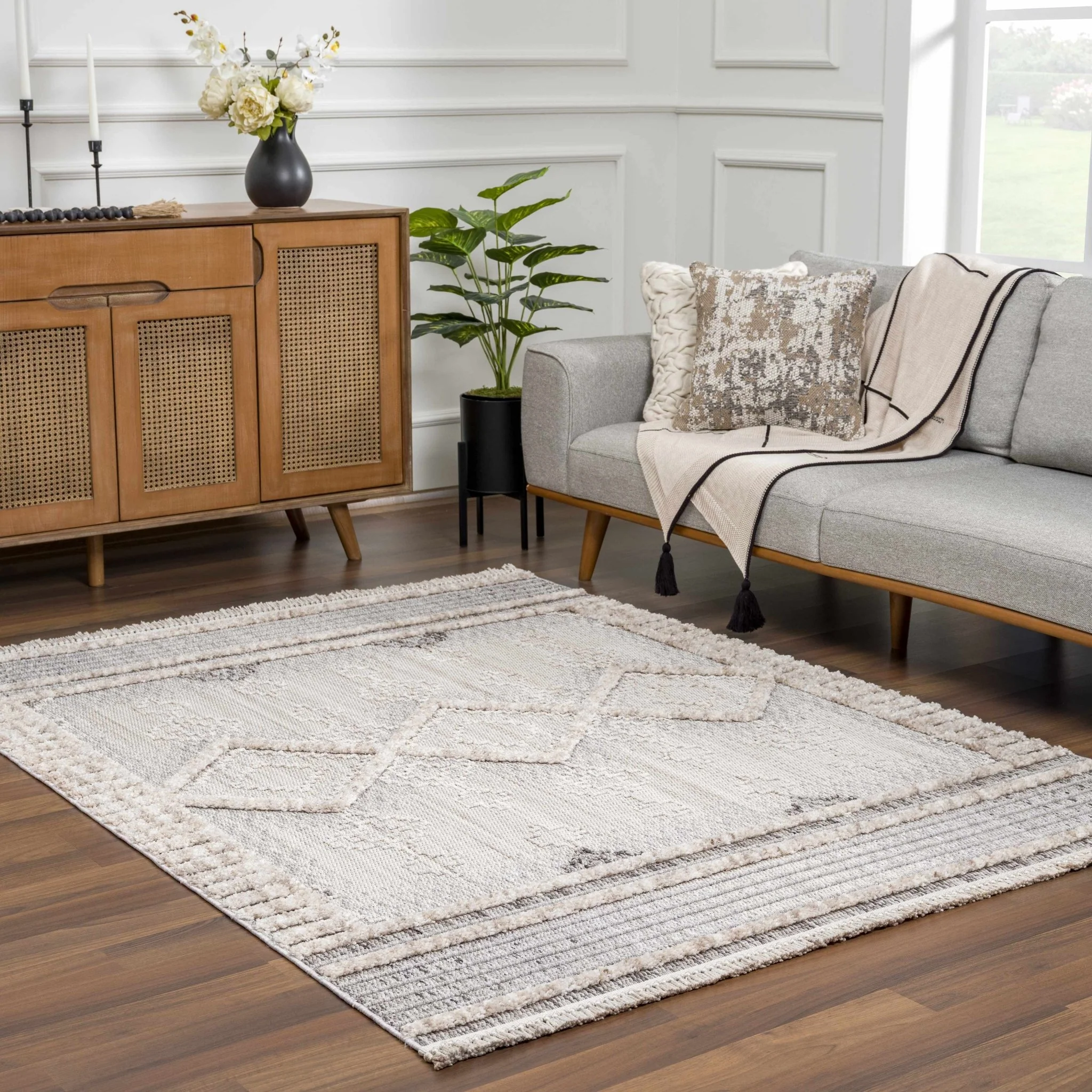 Ivory, Brown and charcoal Flatwoven Knit design Geometrical Carved Texture Area Rug - Image 24