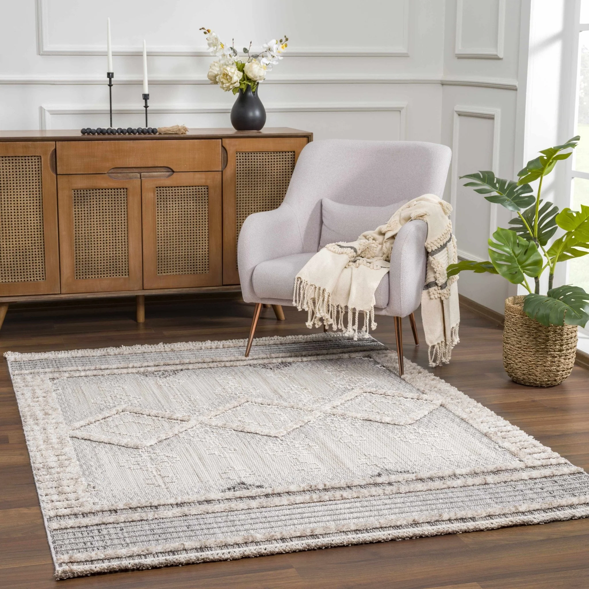 Ivory, Brown and charcoal Flatwoven Knit design Geometrical Carved Texture Area Rug - Image 25