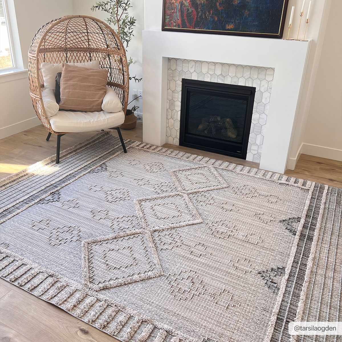 Ivory, Brown and charcoal Flatwoven Knit design Geometrical Carved Texture Area Rug - Image 3