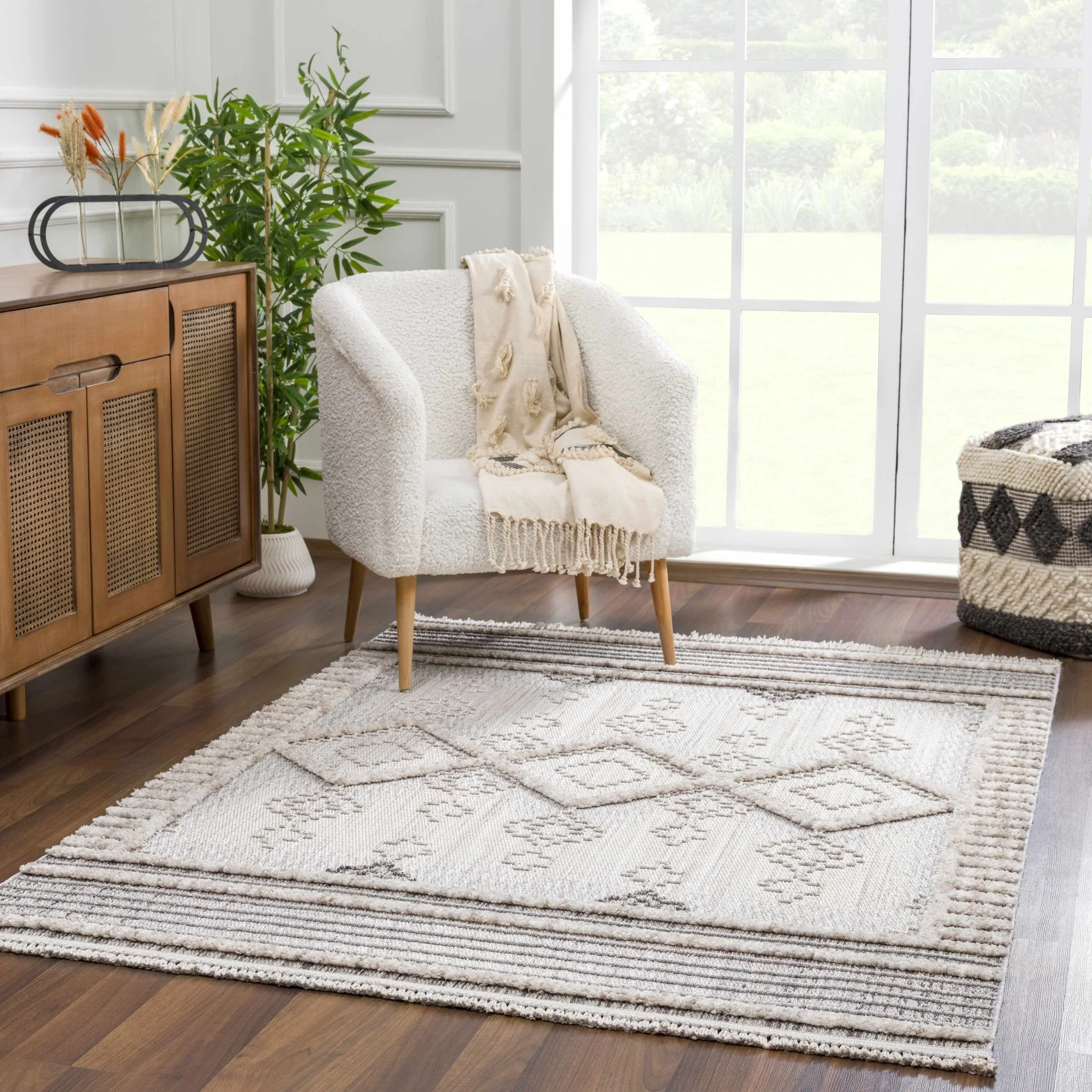 Ivory, Brown and charcoal Flatwoven Knit design Geometrical Carved Texture Area Rug - Image 9