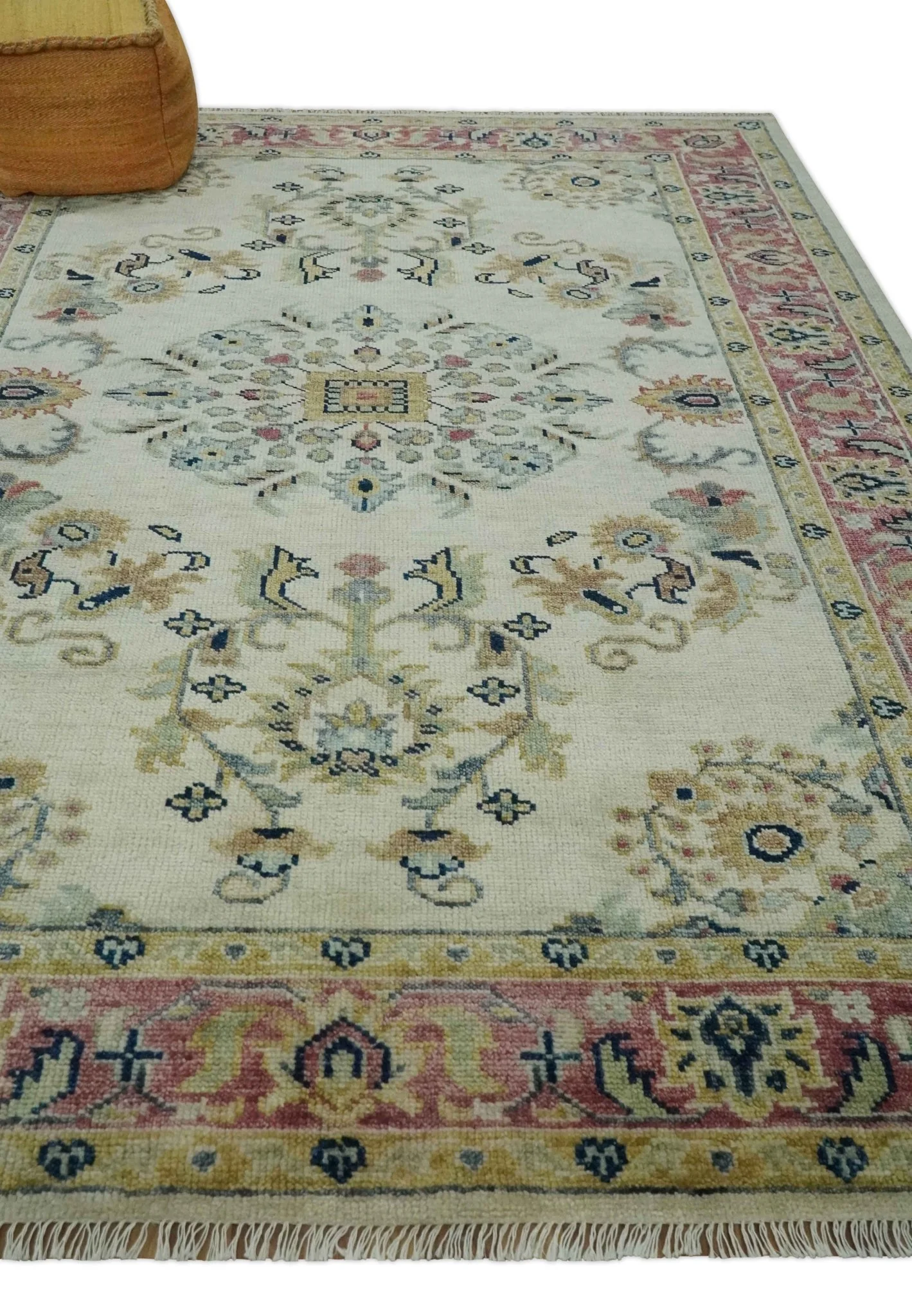 Ivory, Brown, Olive and Charcoal Traditional Heriz Medallion Custom Made Wool Area Rug - Image 3