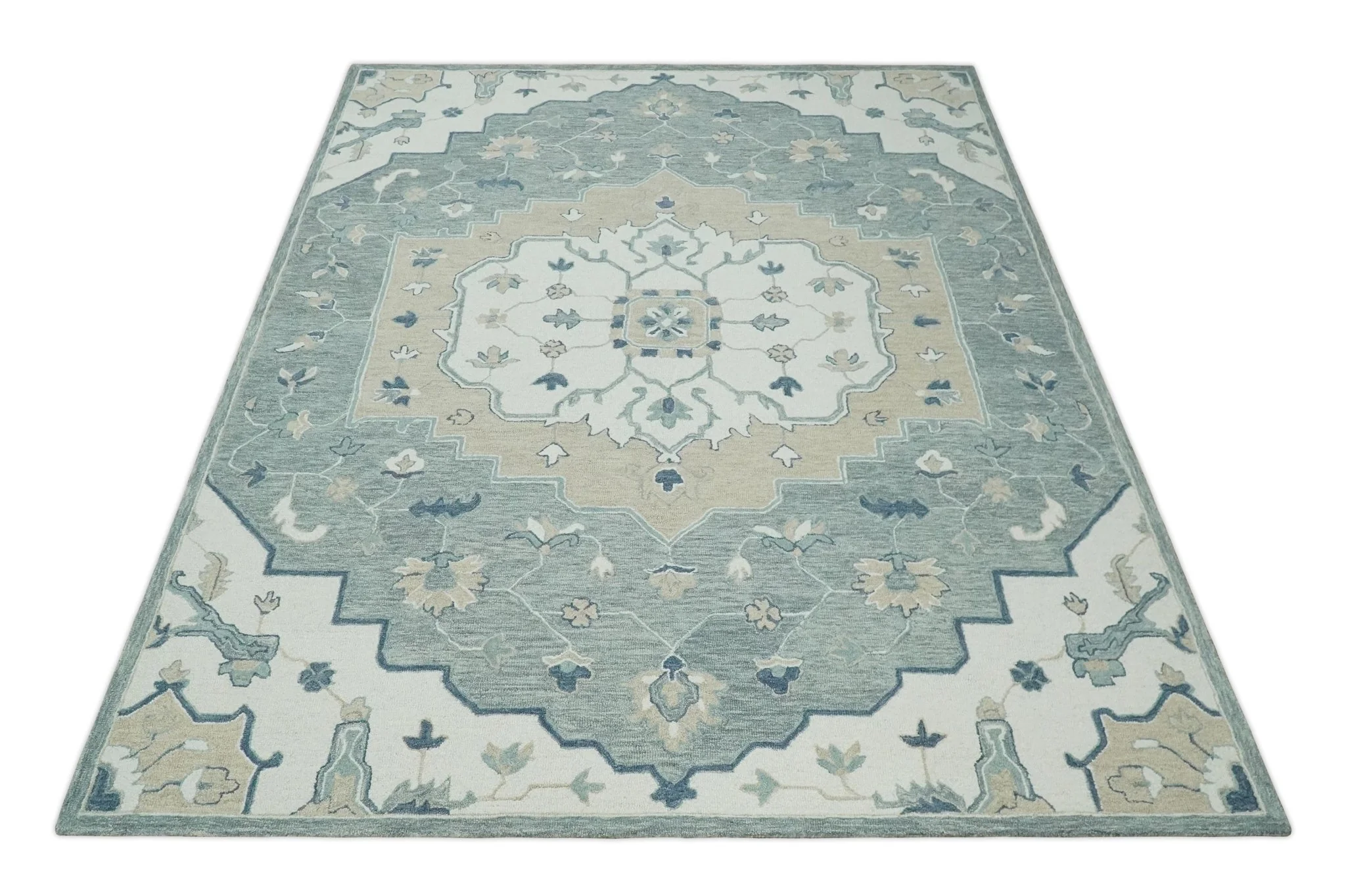 Ivory, Camel and Blue Hand Tufted Traditional Design Wool Area Rug - Image 10