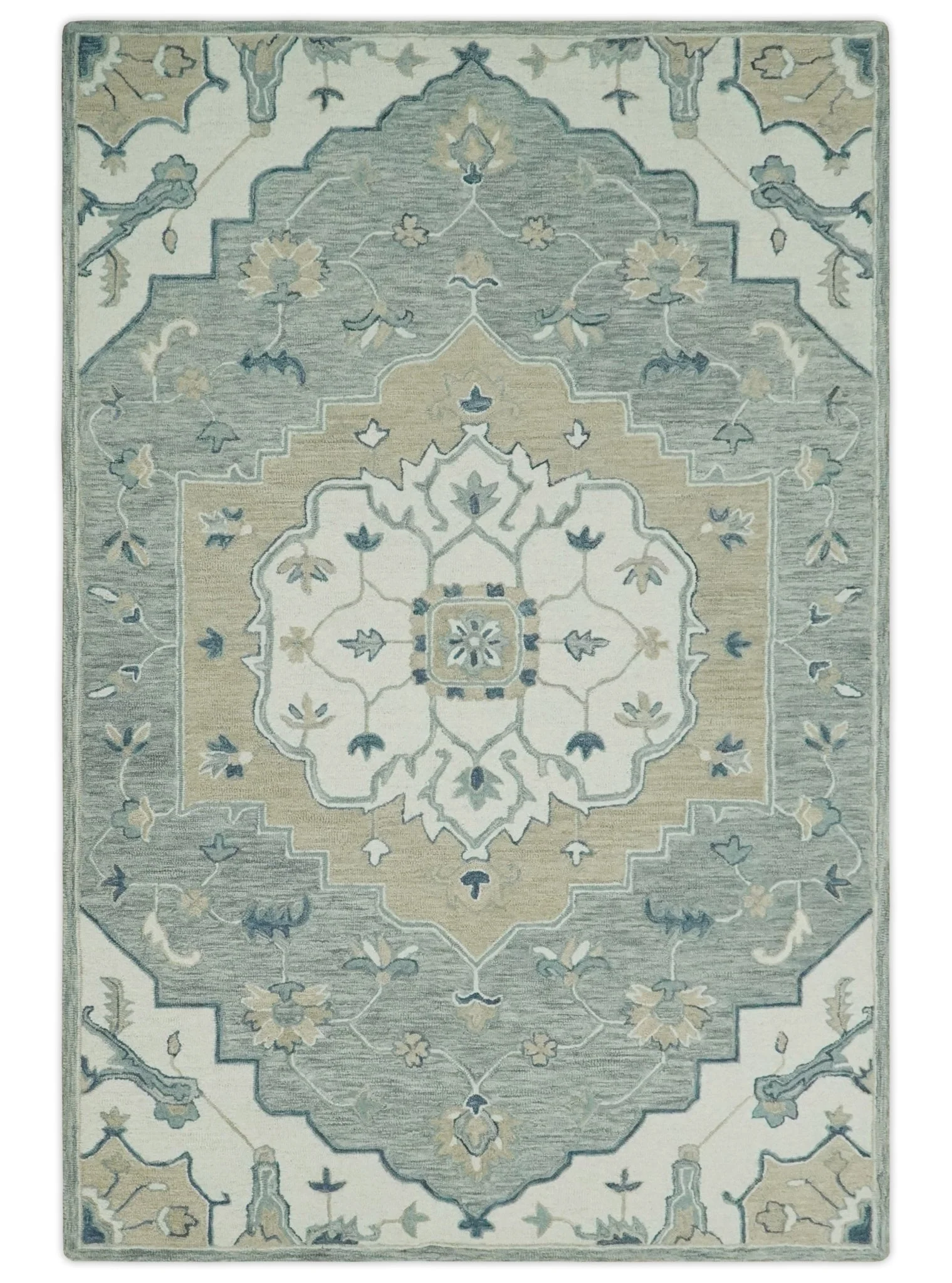 Ivory, Camel and Blue Hand Tufted Traditional Design Wool Area Rug - Image 11