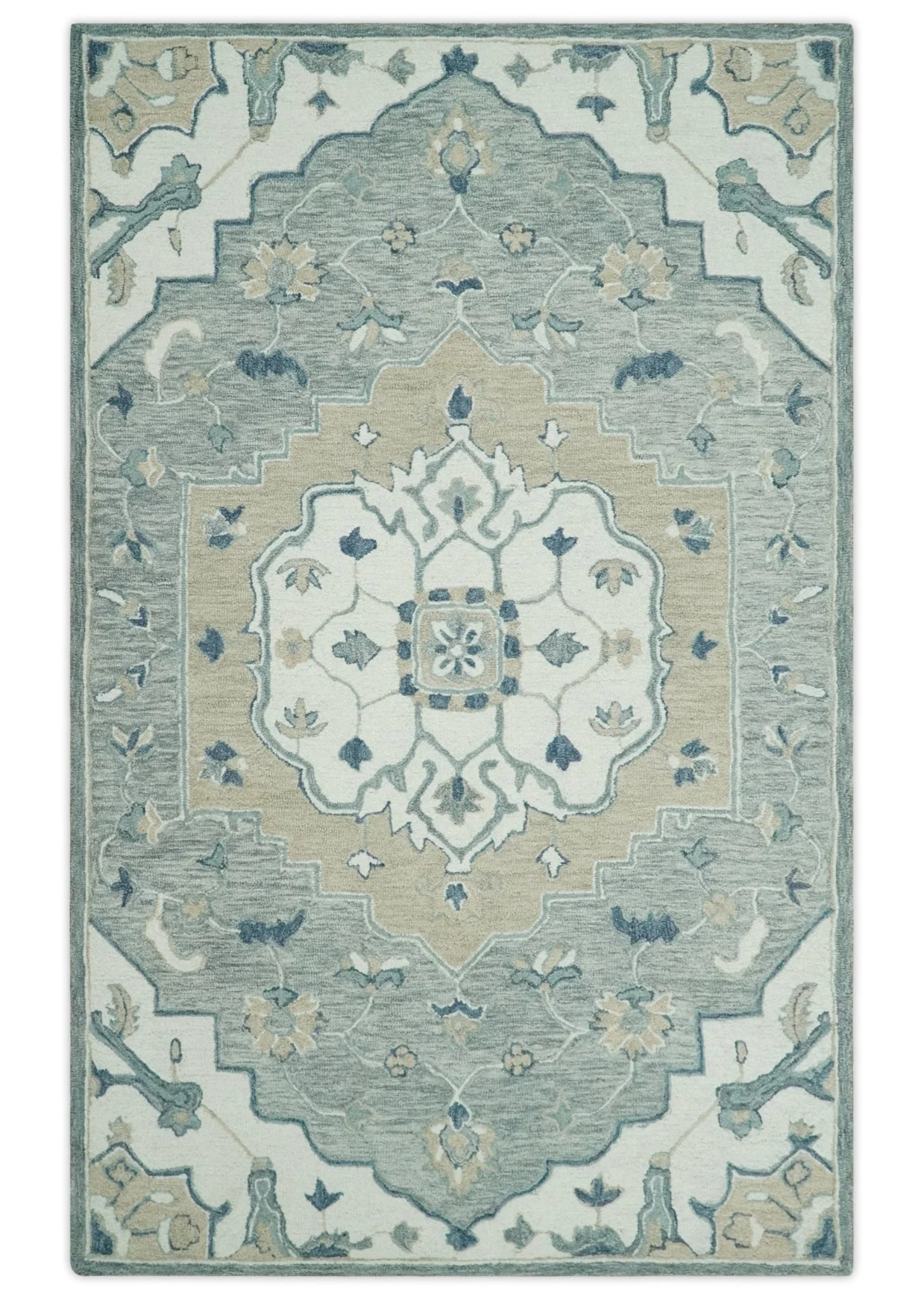Ivory, Camel and Blue Hand Tufted Traditional Design Wool Area Rug - Image 12