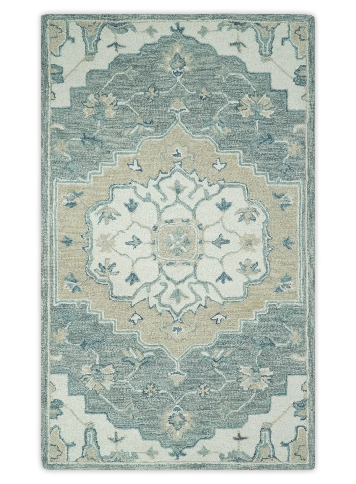 Ivory, Camel and Blue Hand Tufted Traditional Design Wool Area Rug - Image 13