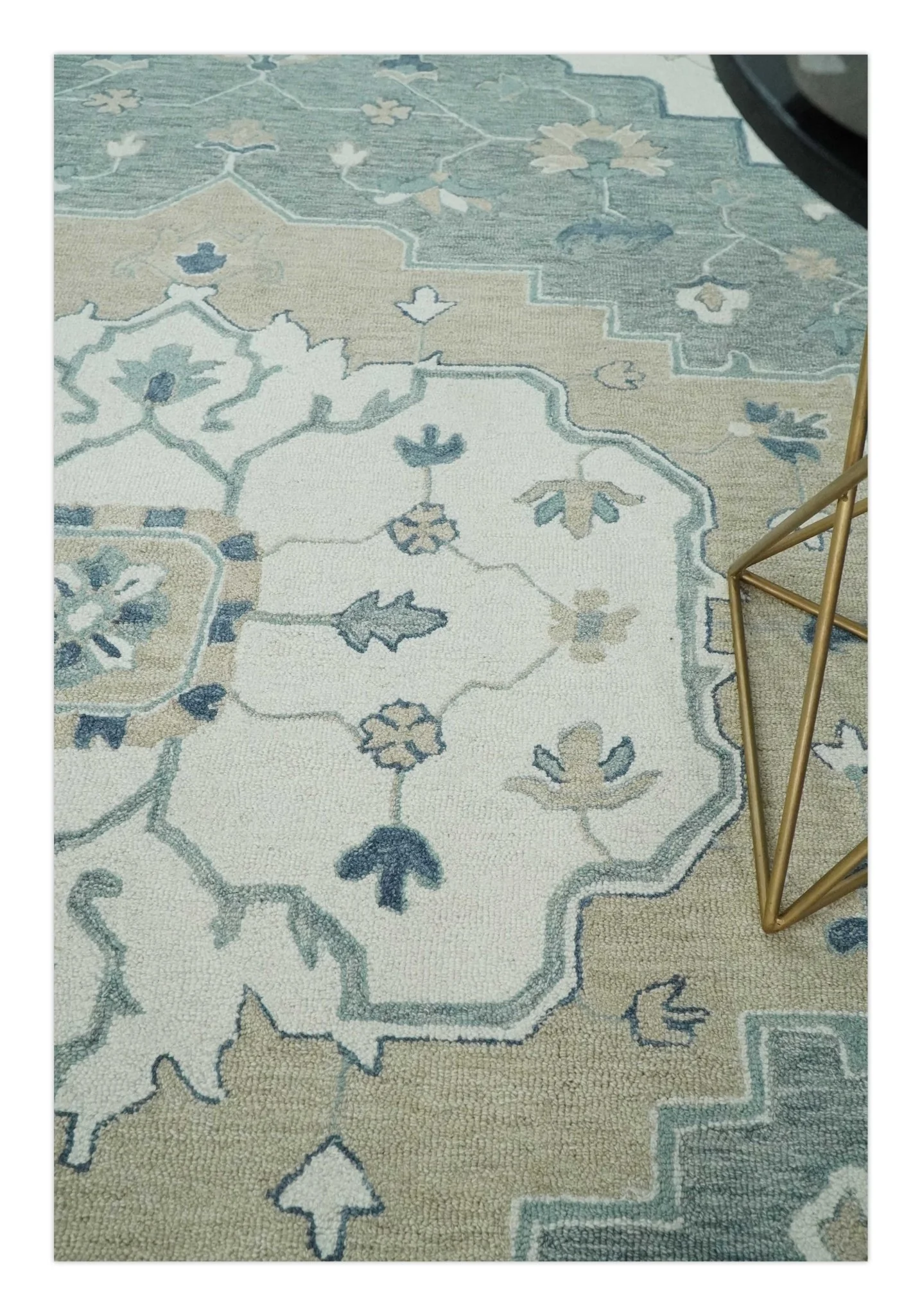Ivory, Camel and Blue Hand Tufted Traditional Design Wool Area Rug - Image 2