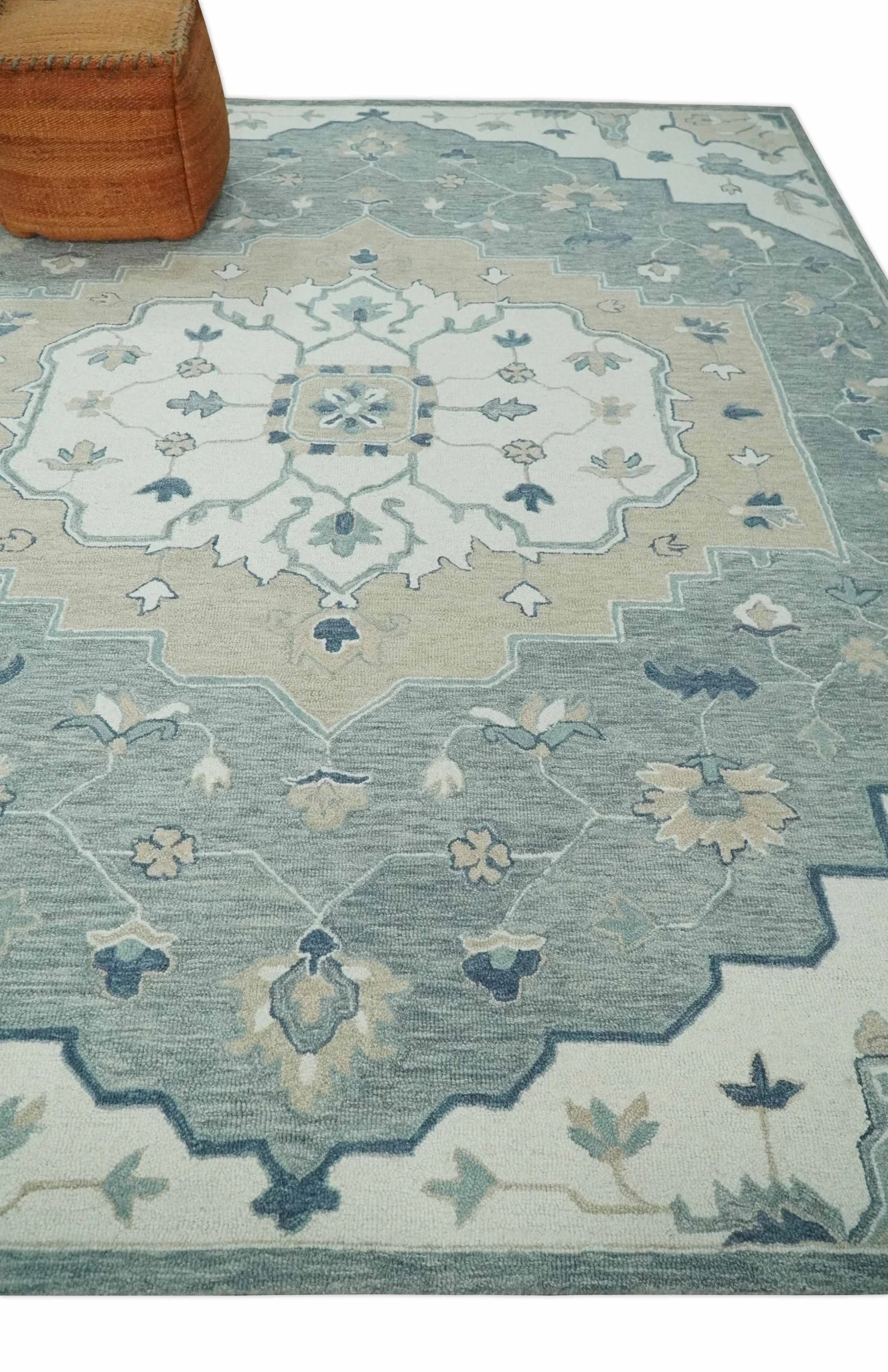 Ivory, Camel and Blue Hand Tufted Traditional Design Wool Area Rug - Image 3