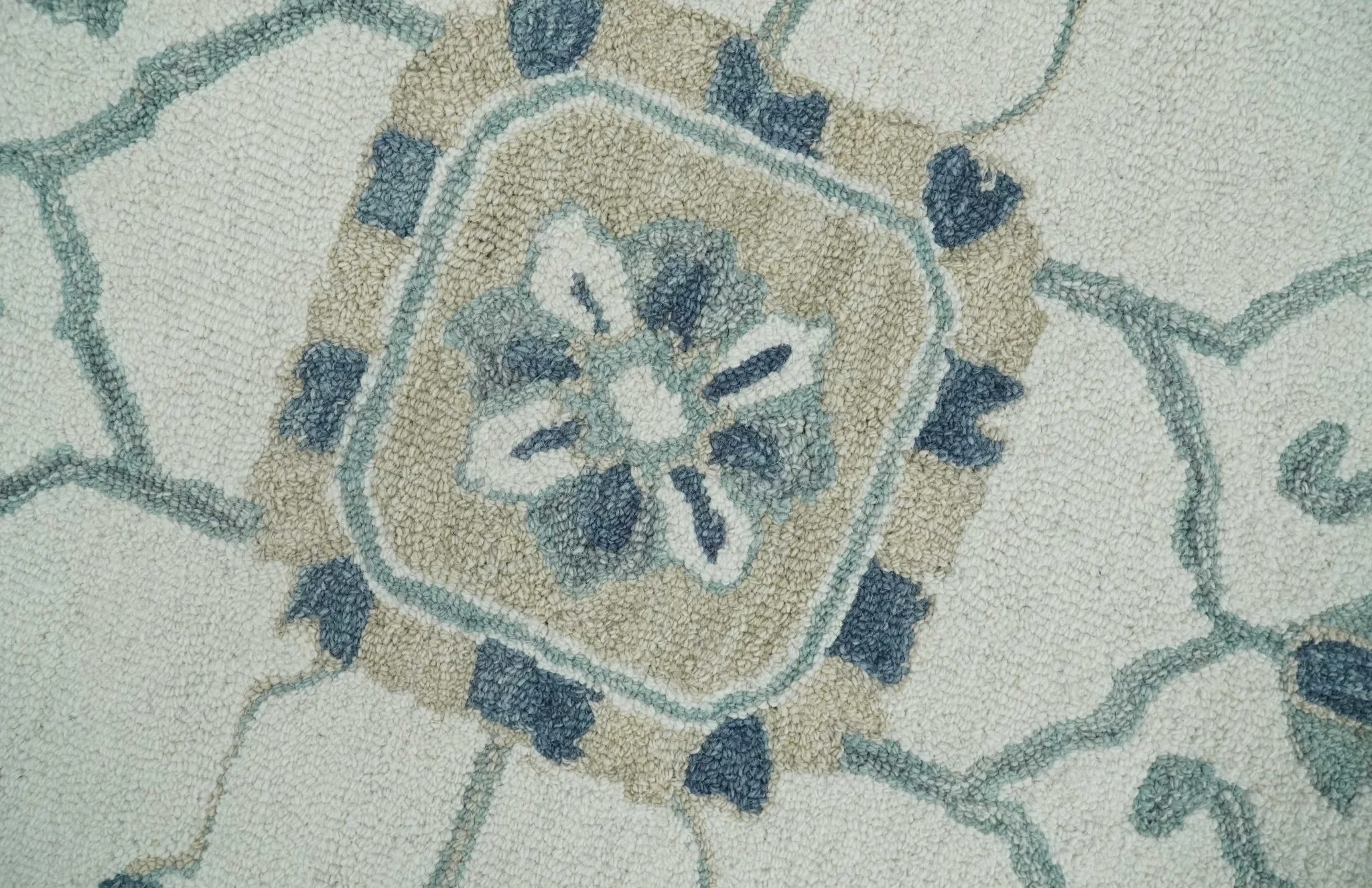 Ivory, Camel and Blue Hand Tufted Traditional Design Wool Area Rug - Image 4