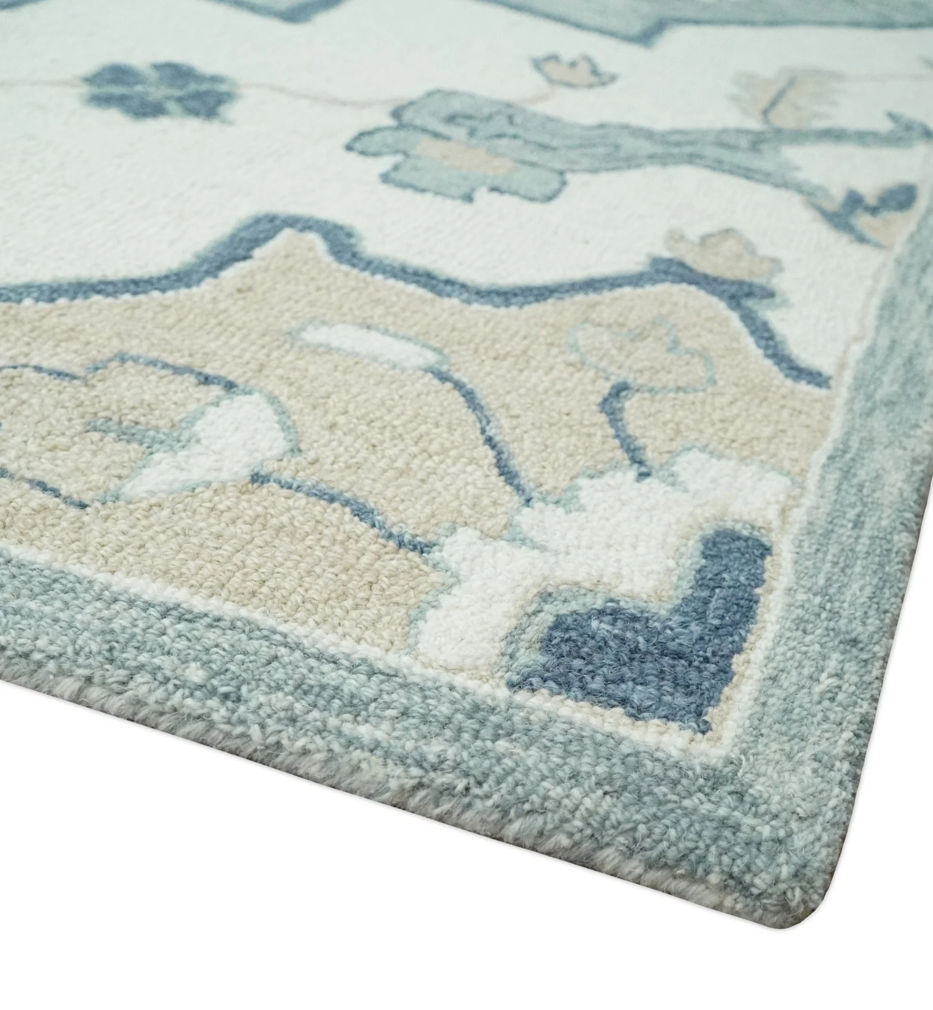 Ivory, Camel and Blue Hand Tufted Traditional Design Wool Area Rug - Image 5