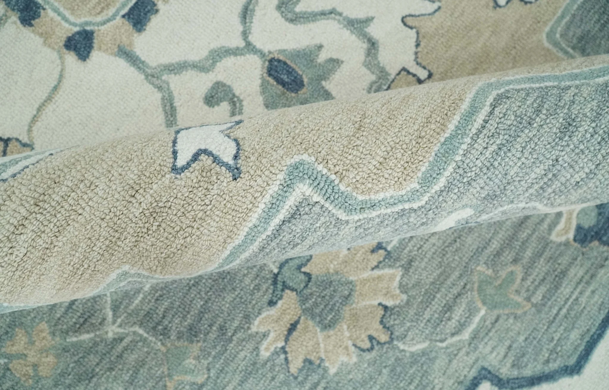 Ivory, Camel and Blue Hand Tufted Traditional Design Wool Area Rug - Image 6