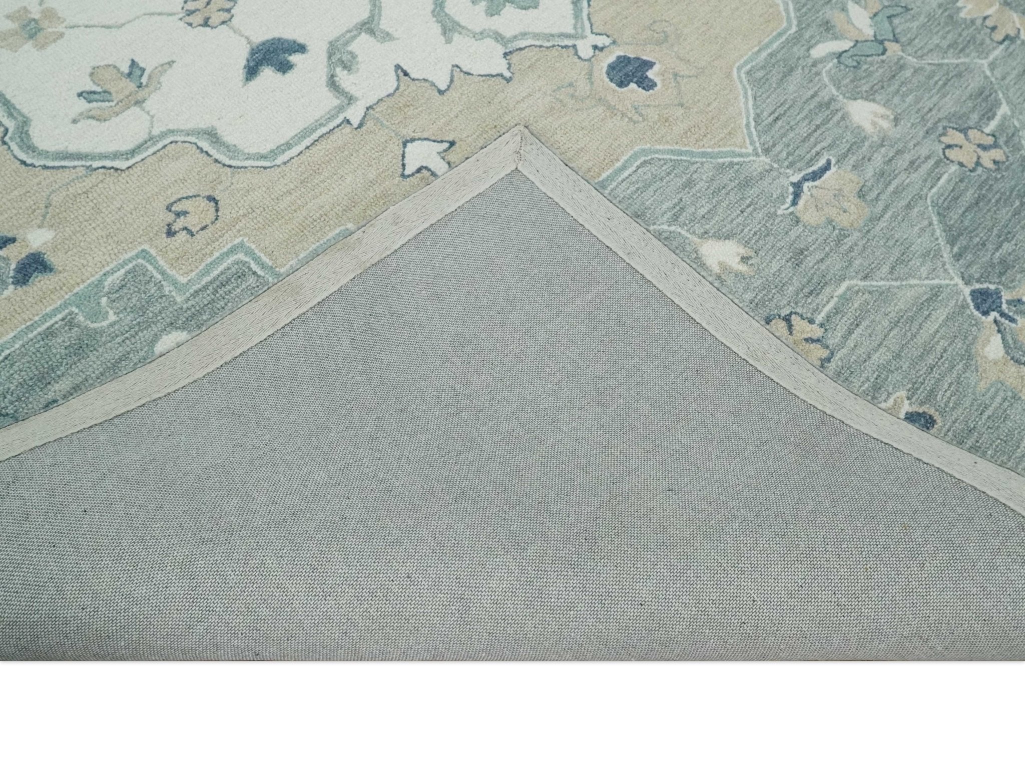 Ivory, Camel and Blue Hand Tufted Traditional Design Wool Area Rug - Image 7